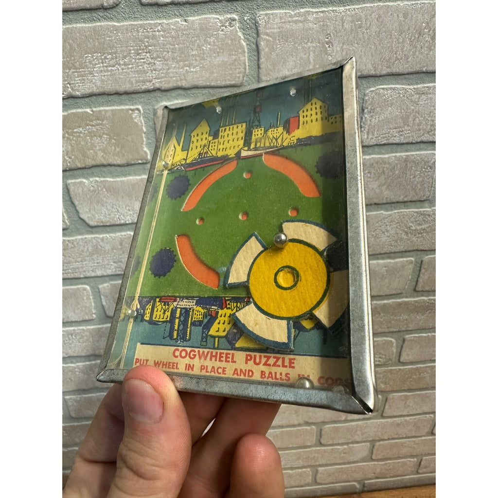 Vintage 1930s Cog Wheel & Ball Dexterity Game Puzzle Hand Held Tin