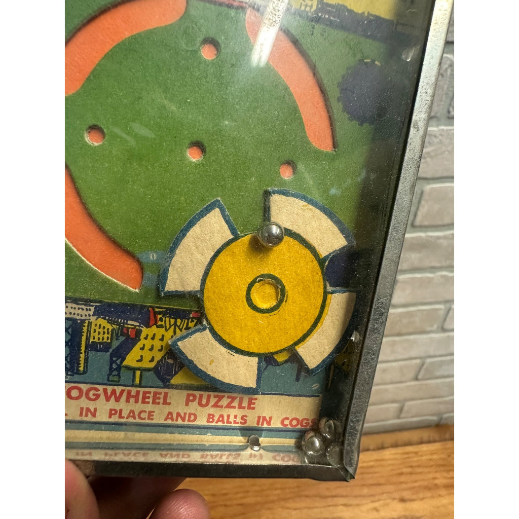 Vintage 1930s Cog Wheel & Ball Dexterity Game Puzzle Hand Held Tin