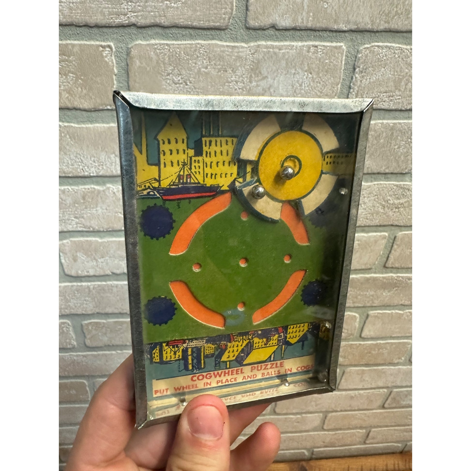 Vintage 1930s Cog Wheel & Ball Dexterity Game Puzzle Hand Held Tin