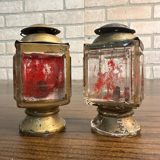 Antique Pair of Solid Glass 4" Candle Holder Lanterns Primitive Carriage Lamps