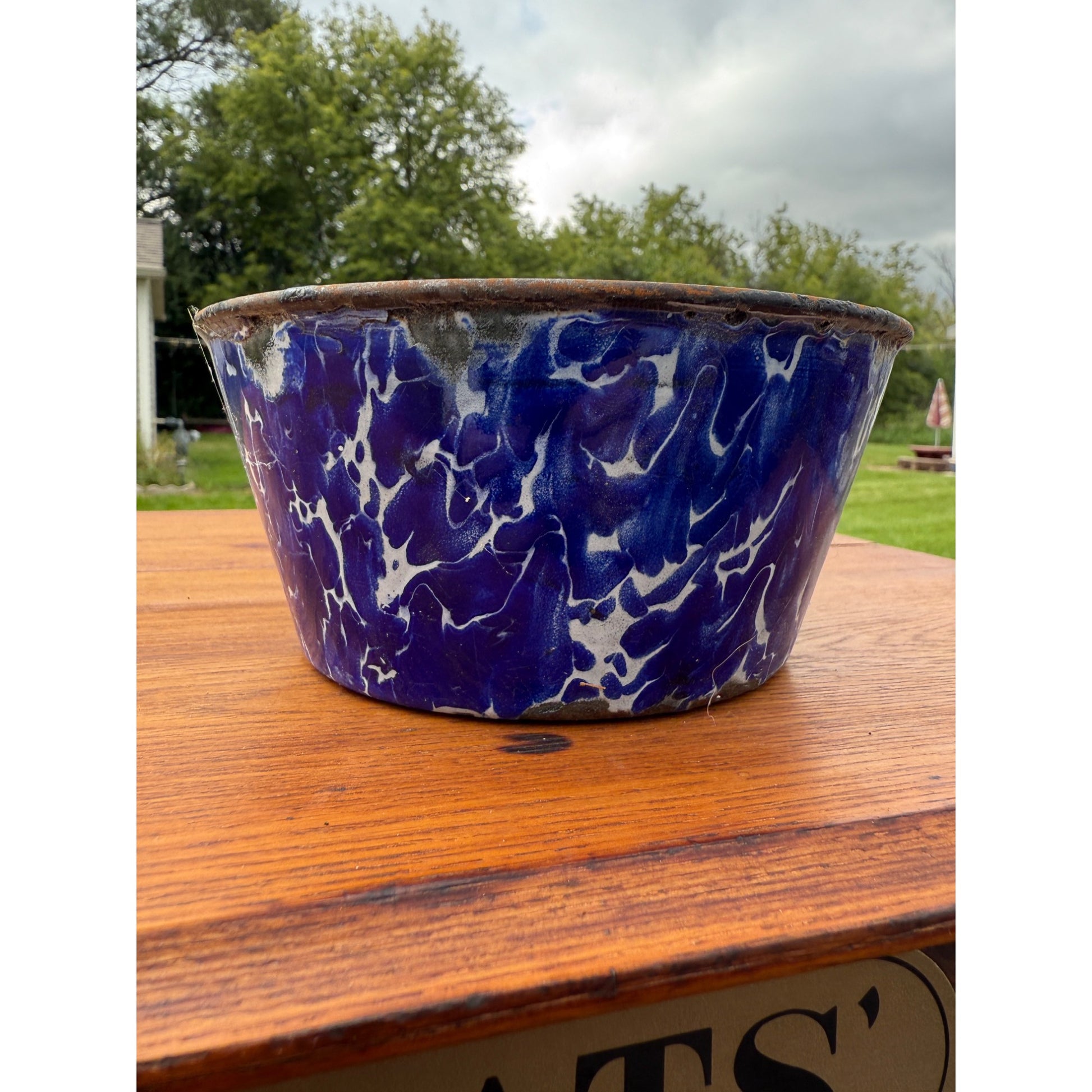 Antique Primitive Cobalt Blue Swirl Bowl Enamelware Graniteware