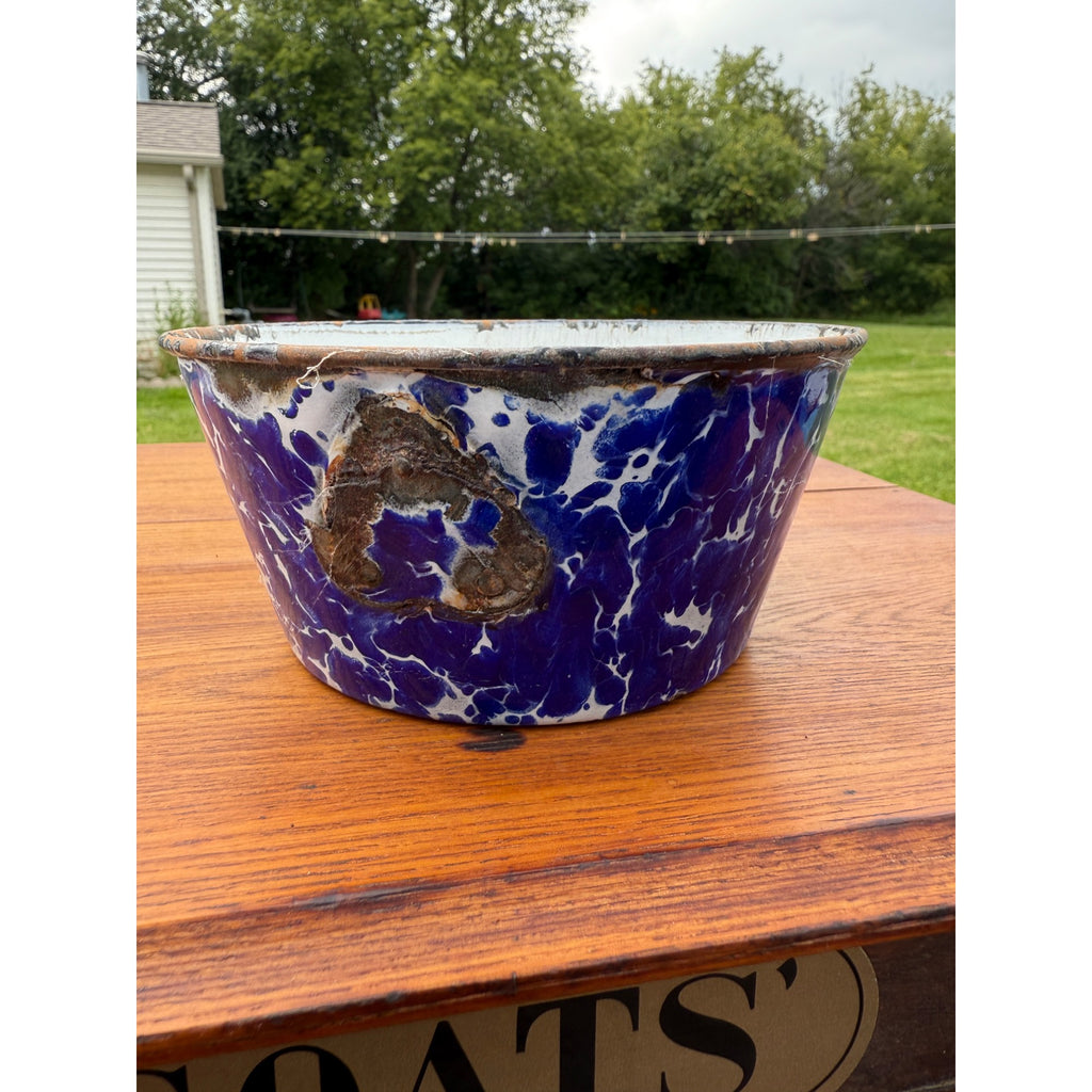Antique Primitive Cobalt Blue Swirl Bowl Enamelware Graniteware