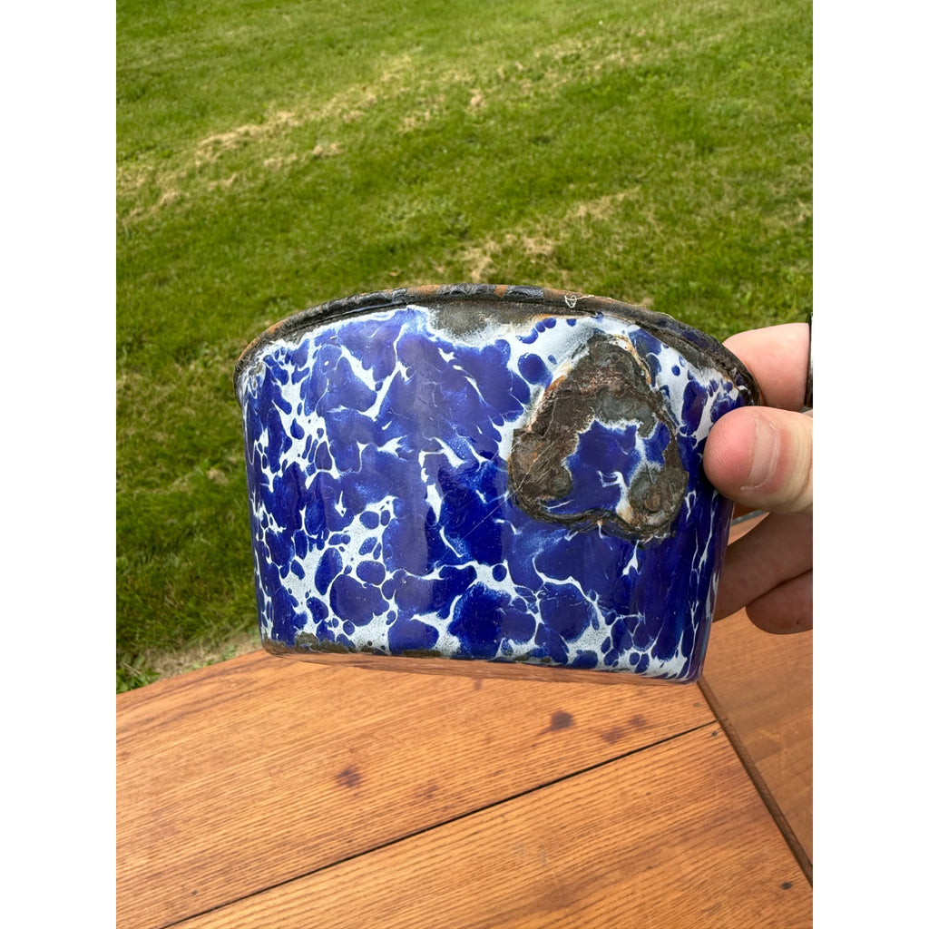 Antique Primitive Cobalt Blue Swirl Bowl Enamelware Graniteware