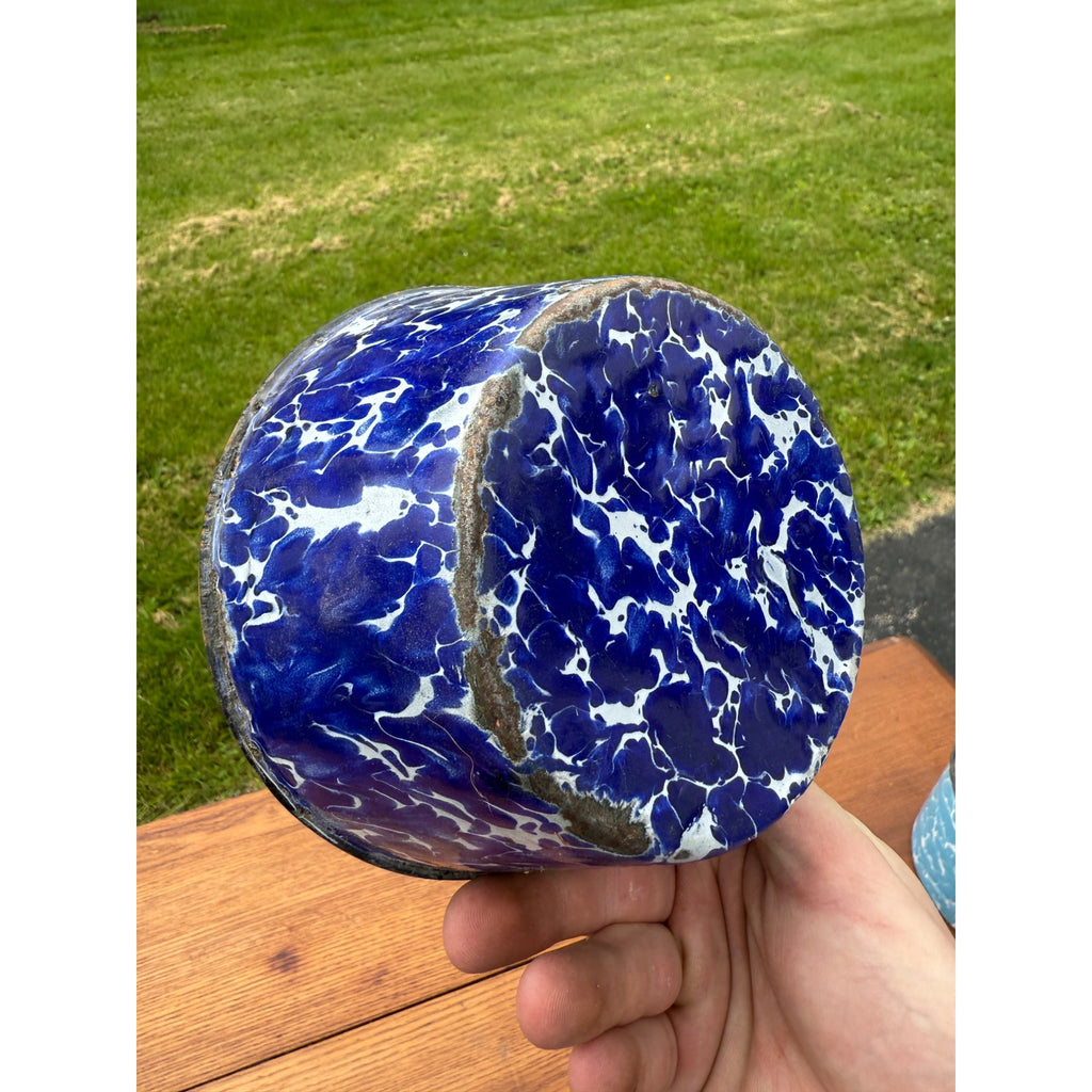 Antique Primitive Cobalt Blue Swirl Bowl Enamelware Graniteware