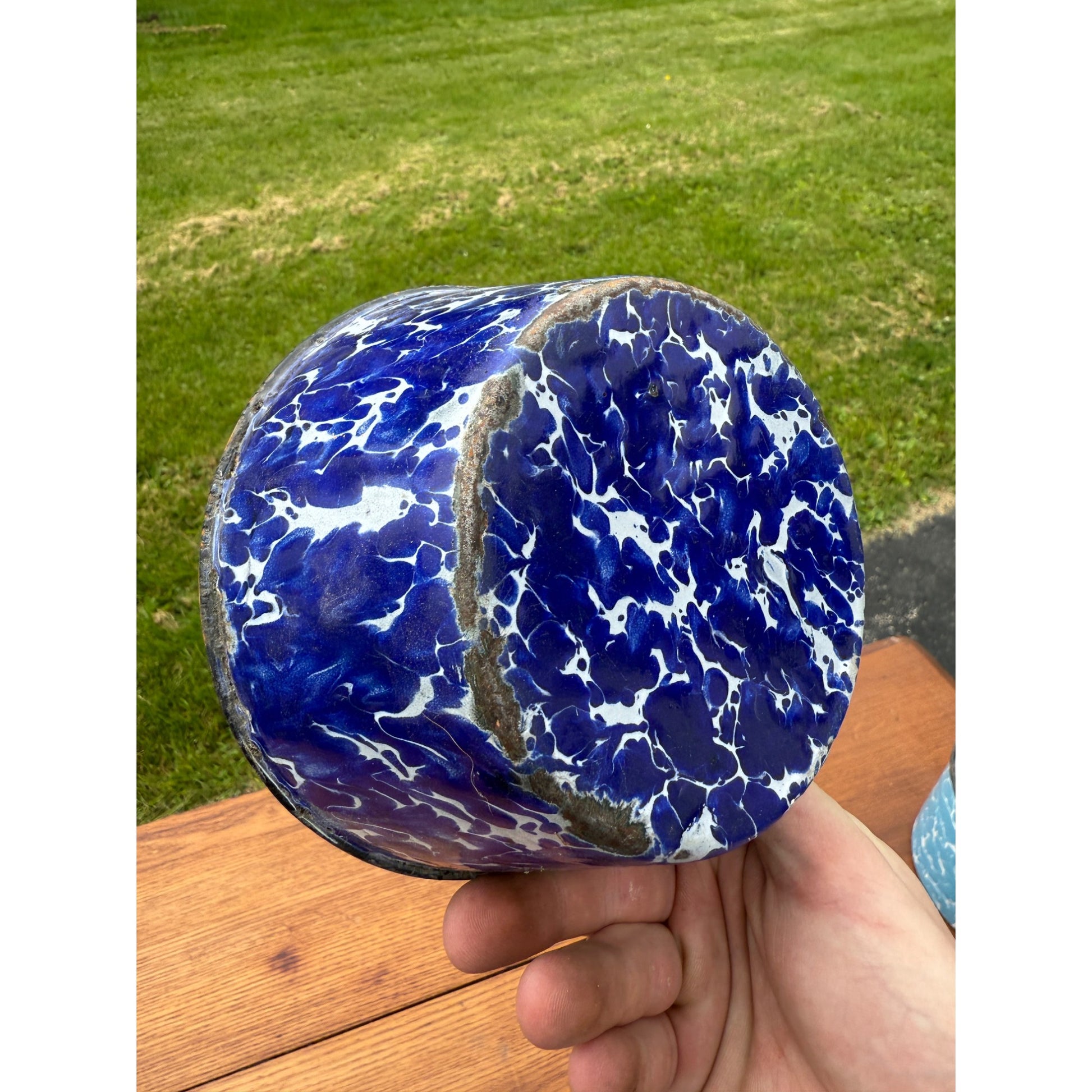 Antique Primitive Cobalt Blue Swirl Bowl Enamelware Graniteware