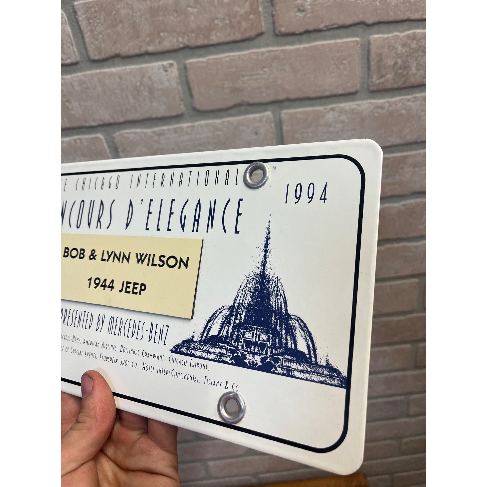 Vintage Enameled Metal License Plate Sign Award Chicago International Concours D'Elegance 1944 Jeep 1994