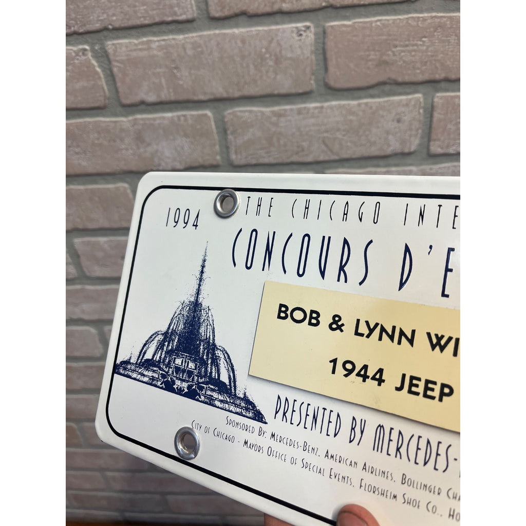 Vintage Enameled Metal License Plate Sign Award Chicago International Concours D'Elegance 1944 Jeep 1994