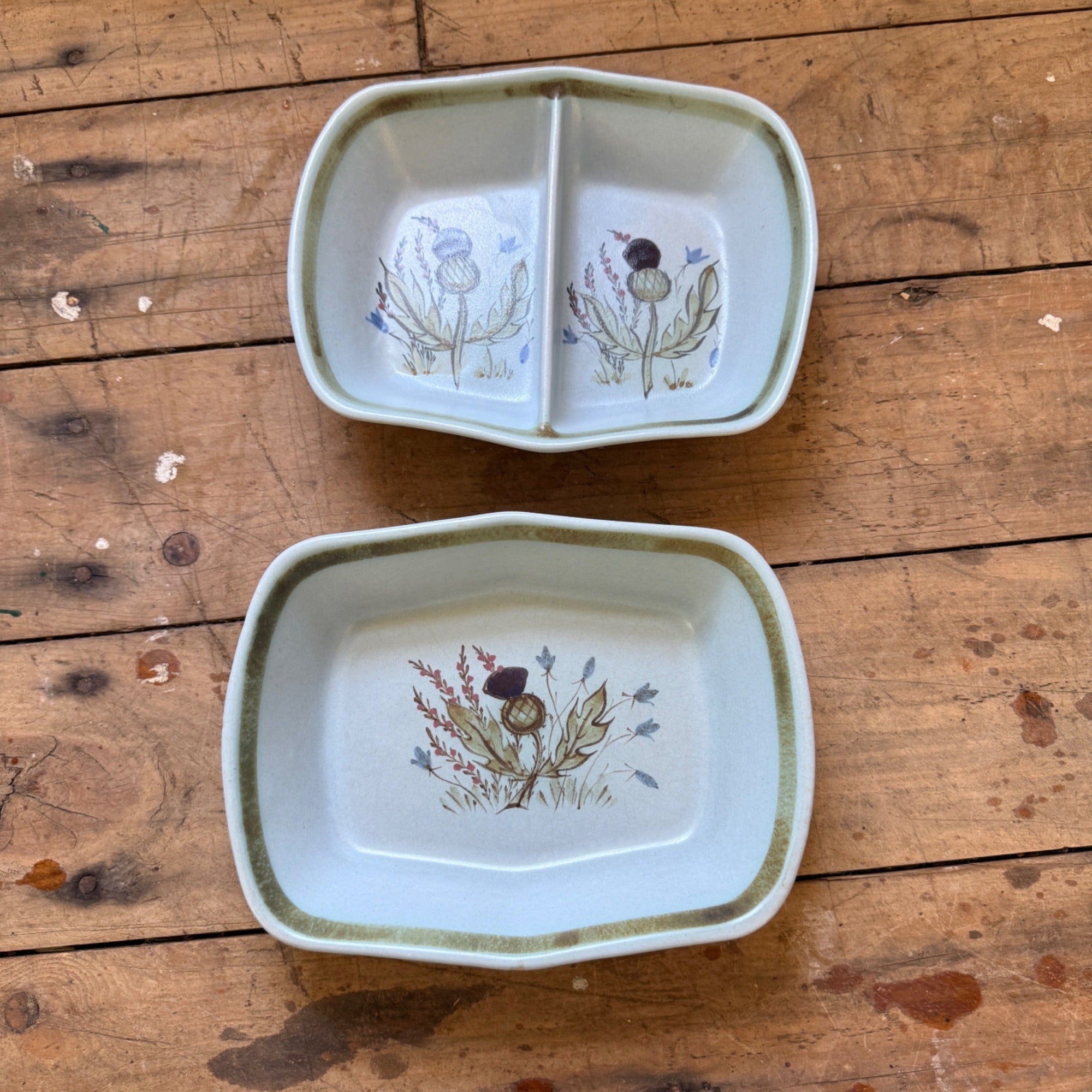 Buchan Thistle Divided Serving Tray Bowl 9" Scotland Stoneware Pottery Lot of 2