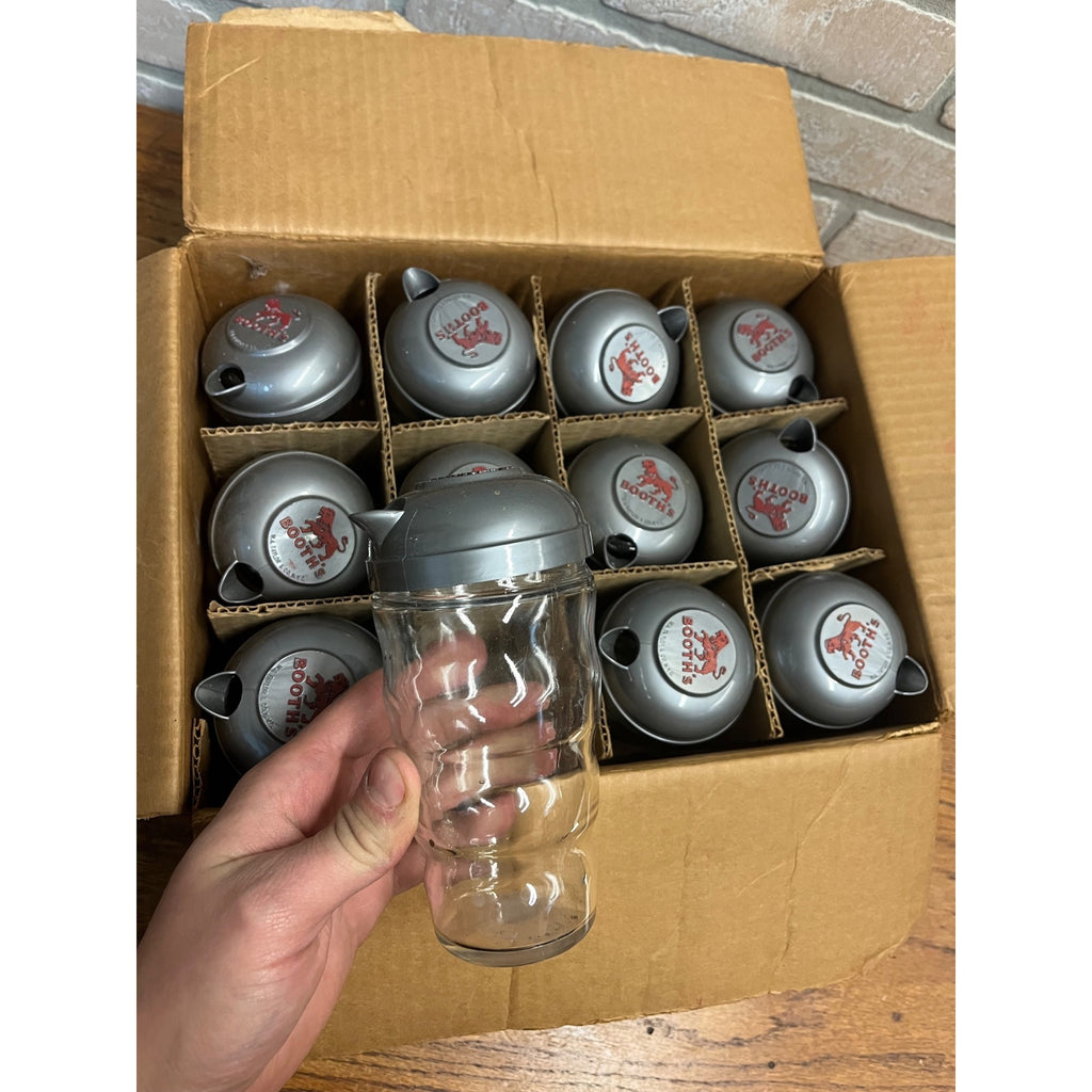 Vintage 1950s Booth’s Gin Advertising Glass Cocktail Shakers NOS Box of (12) NEW