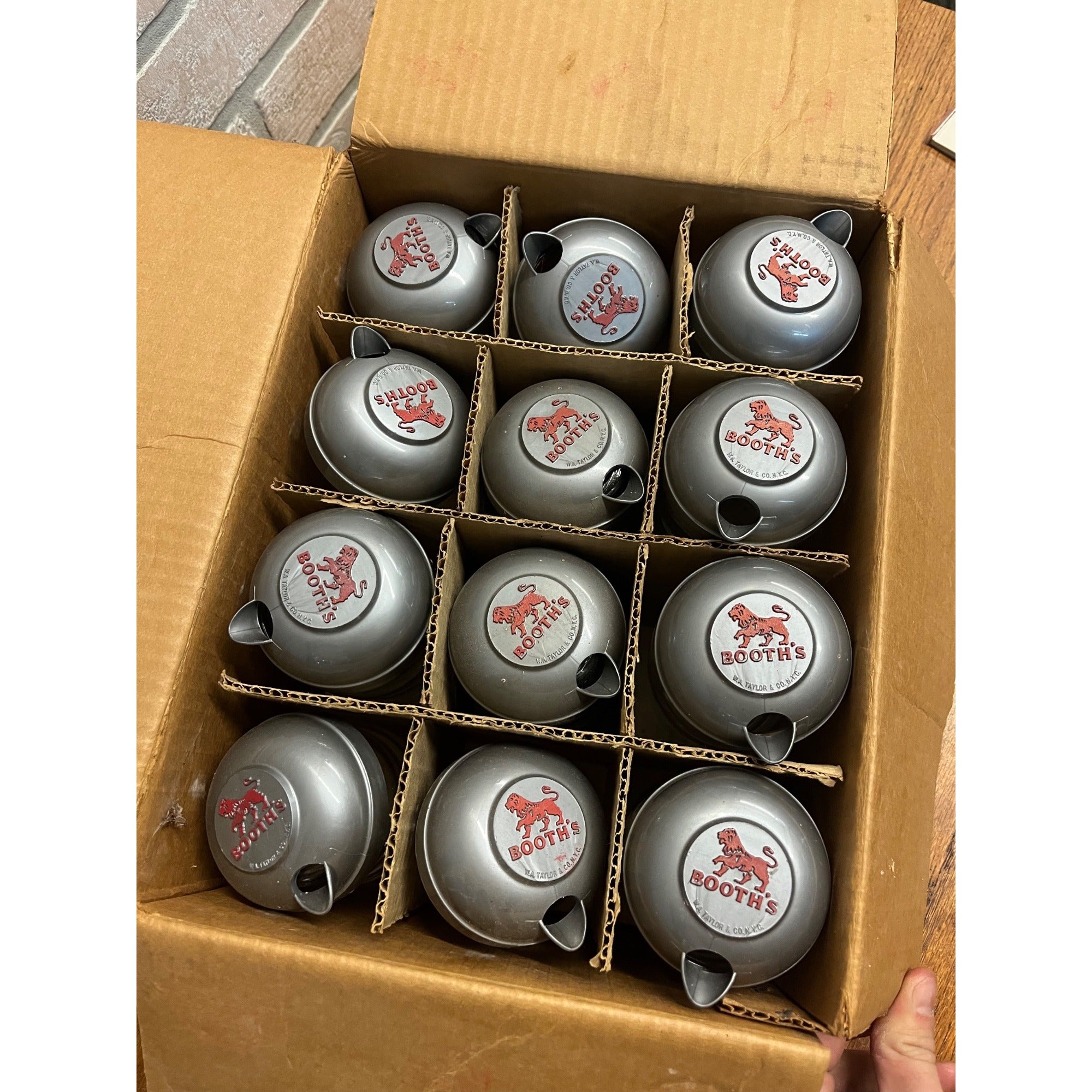 Vintage 1950s Booth’s Gin Advertising Glass Cocktail Shakers NOS Box of (12) NEW