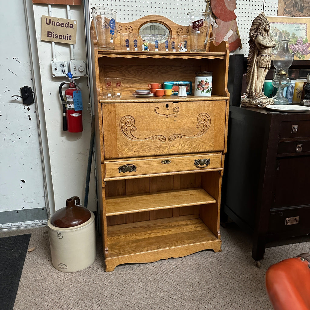 Antique Oak Wooden Secretary Desk Bookshelf Cabinet