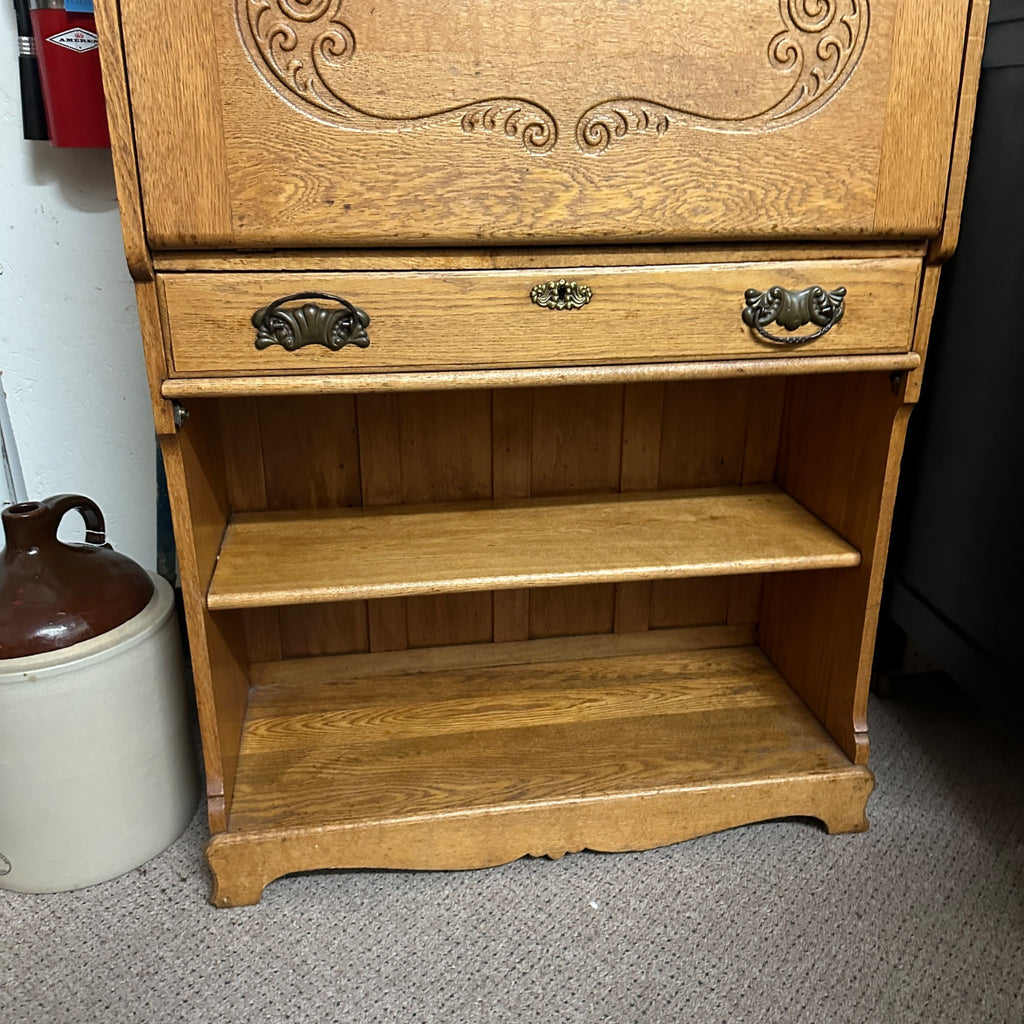 Antique Oak Wooden Secretary Desk Bookshelf Cabinet
