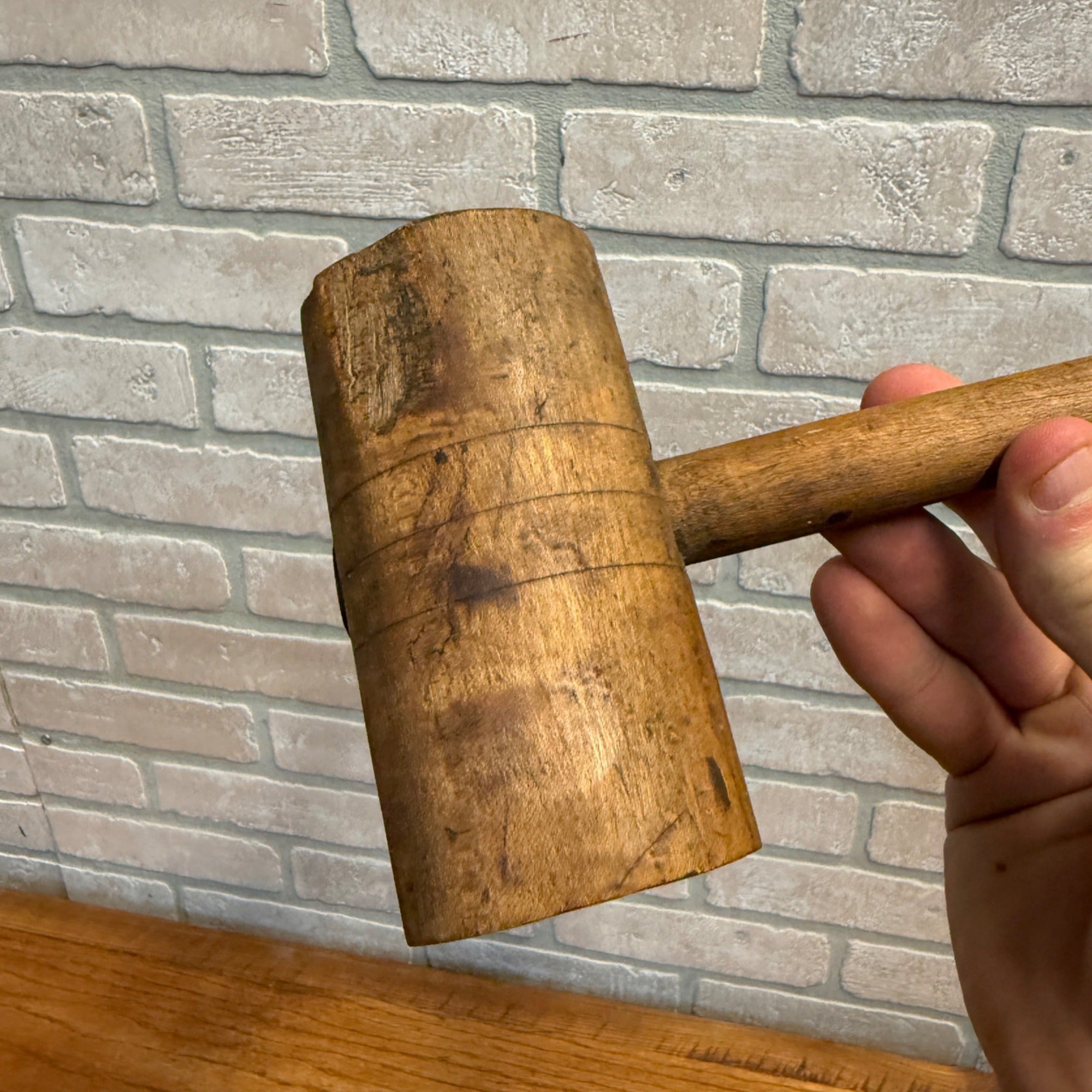 Vintage All-Wood Mallet Hand Tool or Meat Tenderizer With Slim Carved Handle Primitive Kitchen Decor