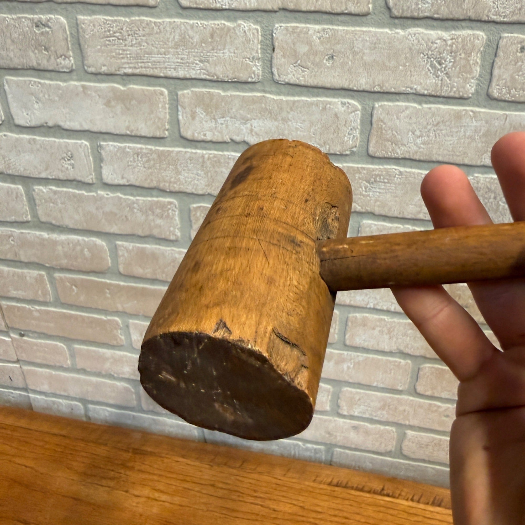 Vintage All-Wood Mallet Hand Tool or Meat Tenderizer With Slim Carved Handle Primitive Kitchen Decor