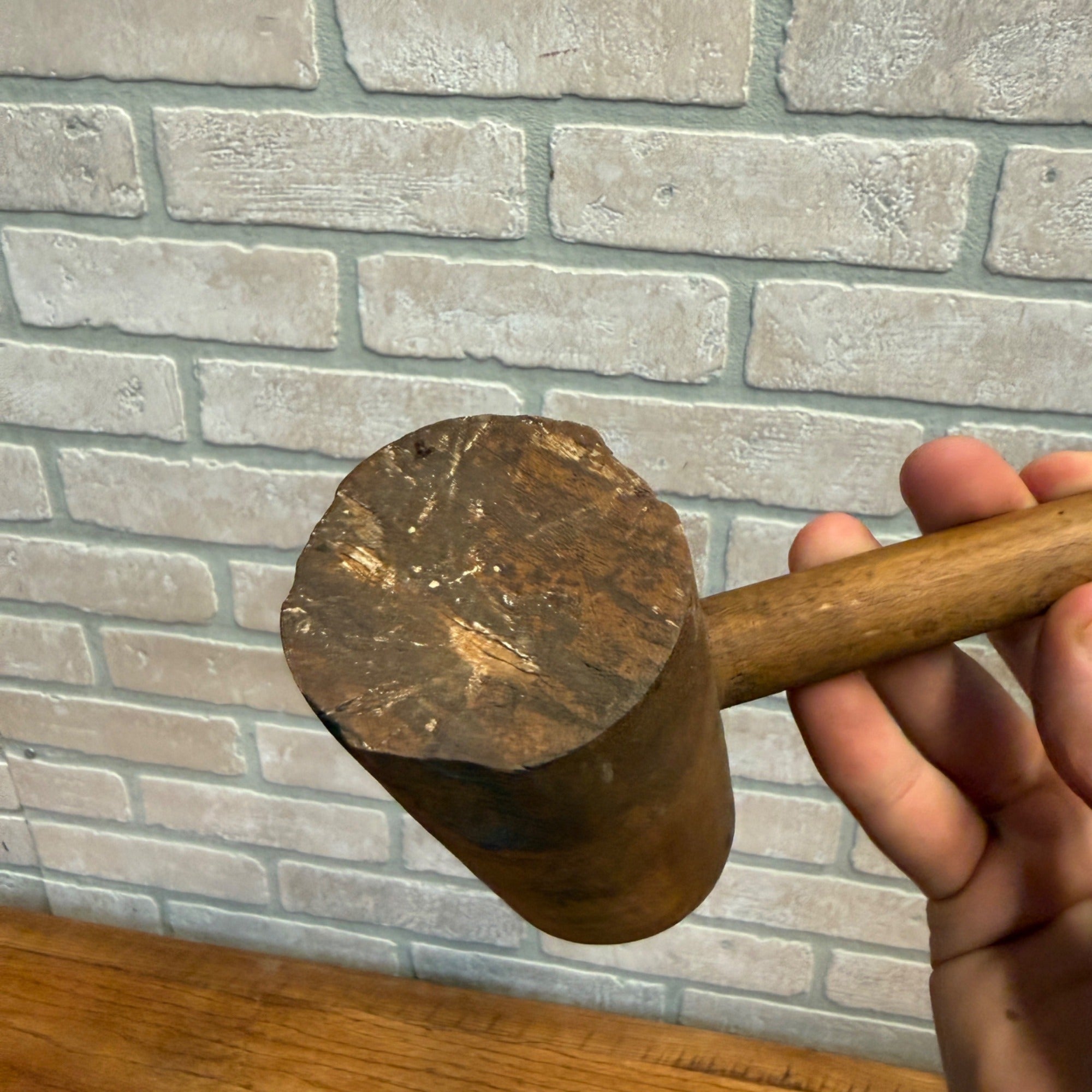 Vintage All-Wood Mallet Hand Tool or Meat Tenderizer With Slim Carved Handle Primitive Kitchen Decor