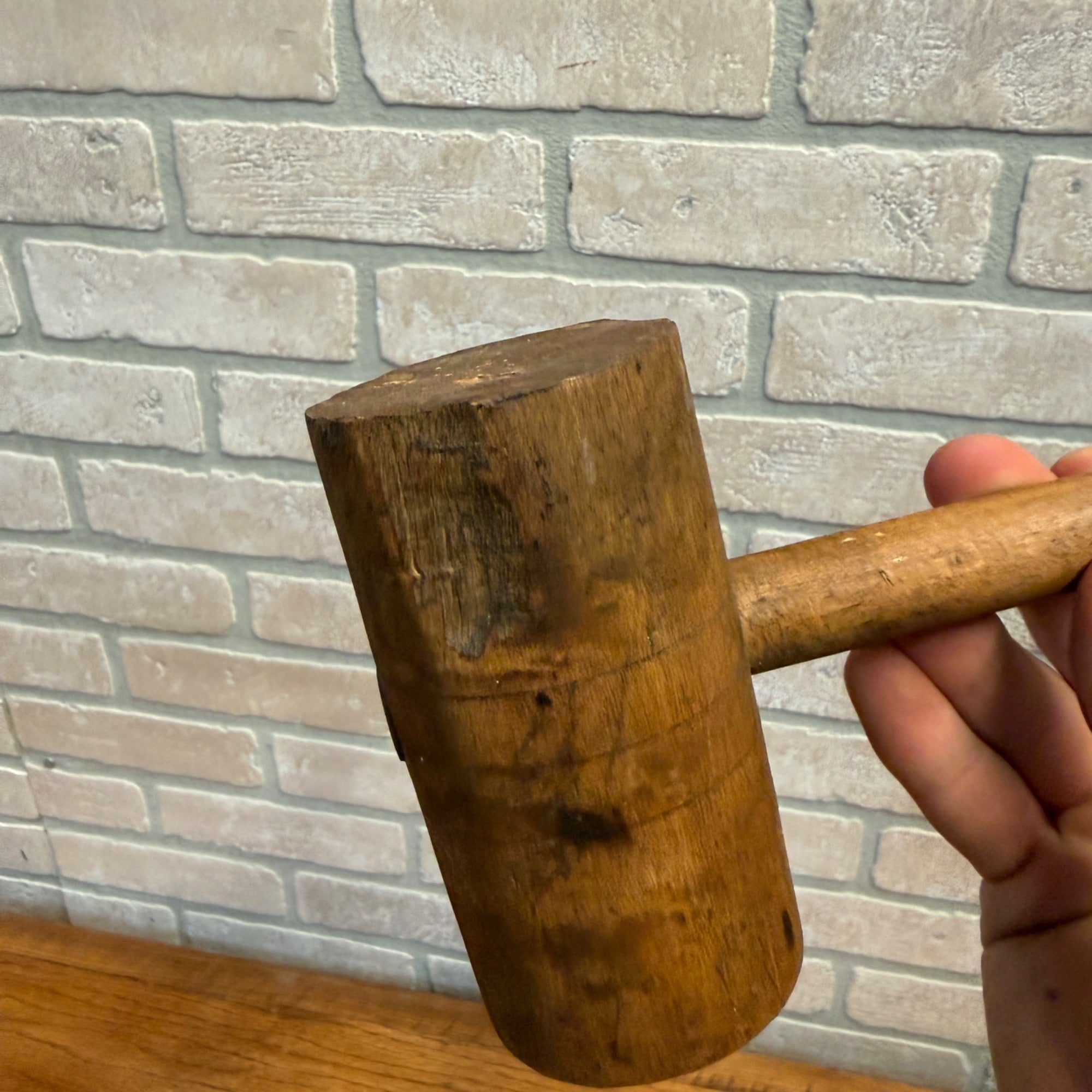 Vintage All-Wood Mallet Hand Tool or Meat Tenderizer With Slim Carved Handle Primitive Kitchen Decor