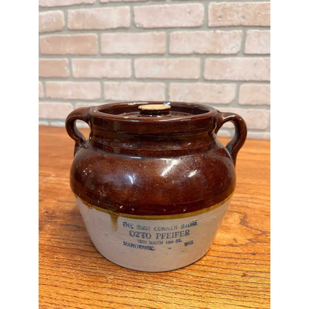 Red Wing Stoneware Advertising Bean Pot Manitowoc Wis WI Otto Pfeifer Store