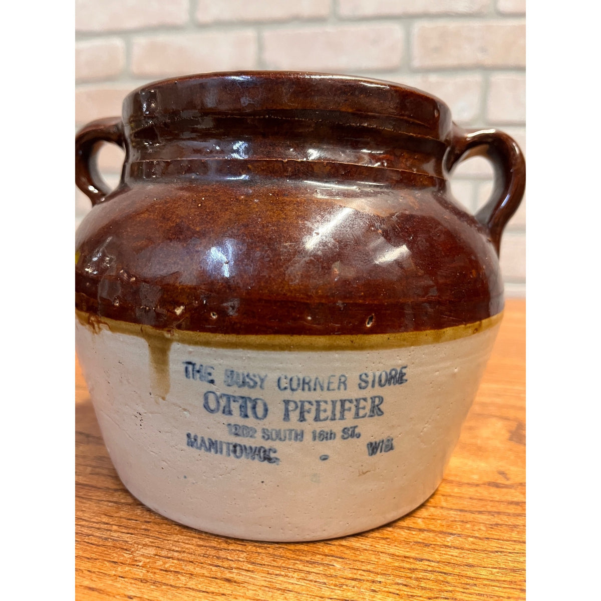 Red Wing Stoneware Advertising Bean Pot Manitowoc Wis WI Otto Pfeifer Store