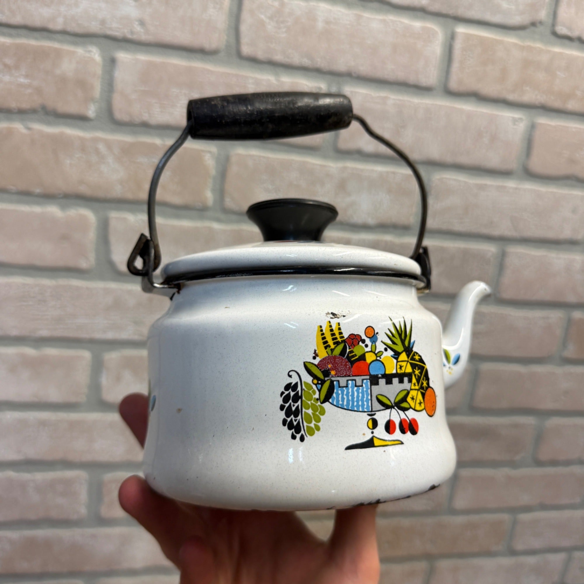 Vintage Bergen Enamelware Teapot Tea Kettle Scandinavian 1960s MCM