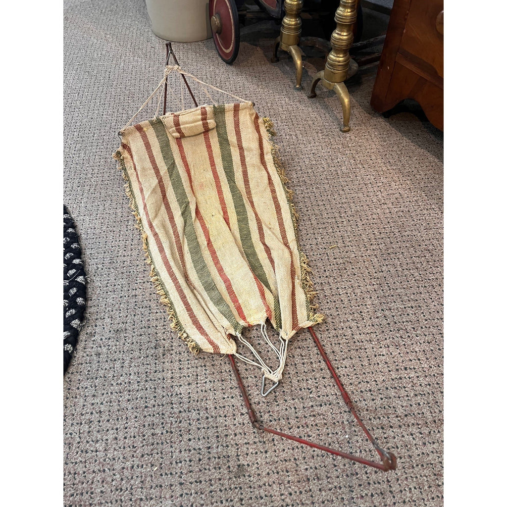Antique Early 1900s Doll Hammock Red Metal Stand Striped Canvas Toy for 20" Dolls