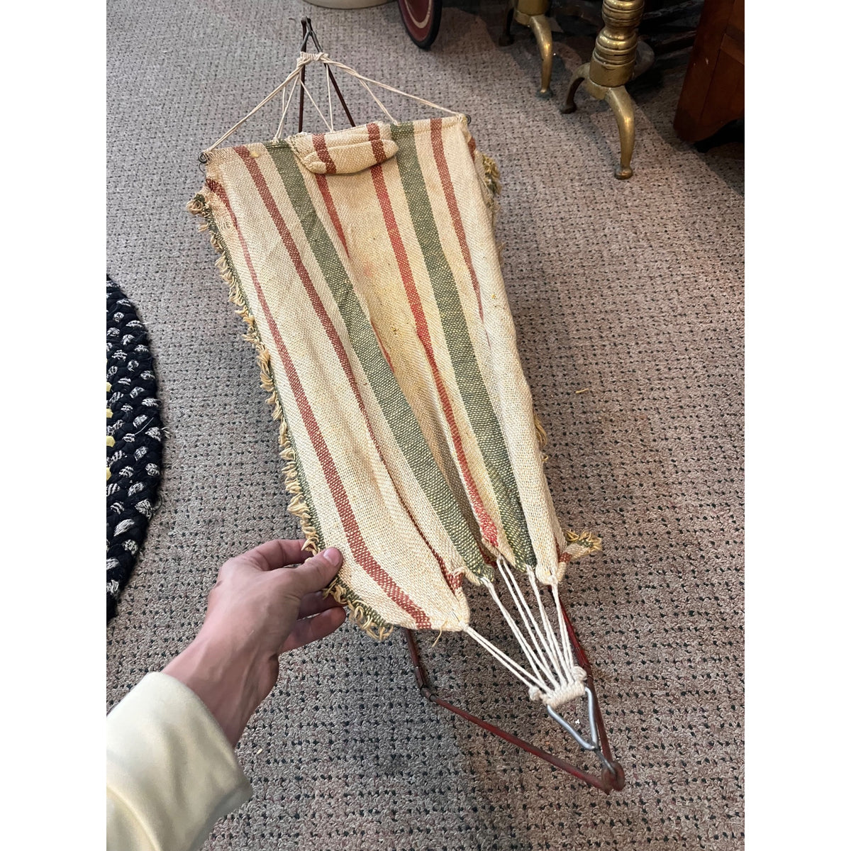 Antique Early 1900s Doll Hammock Red Metal Stand Striped Canvas Toy for 20" Dolls