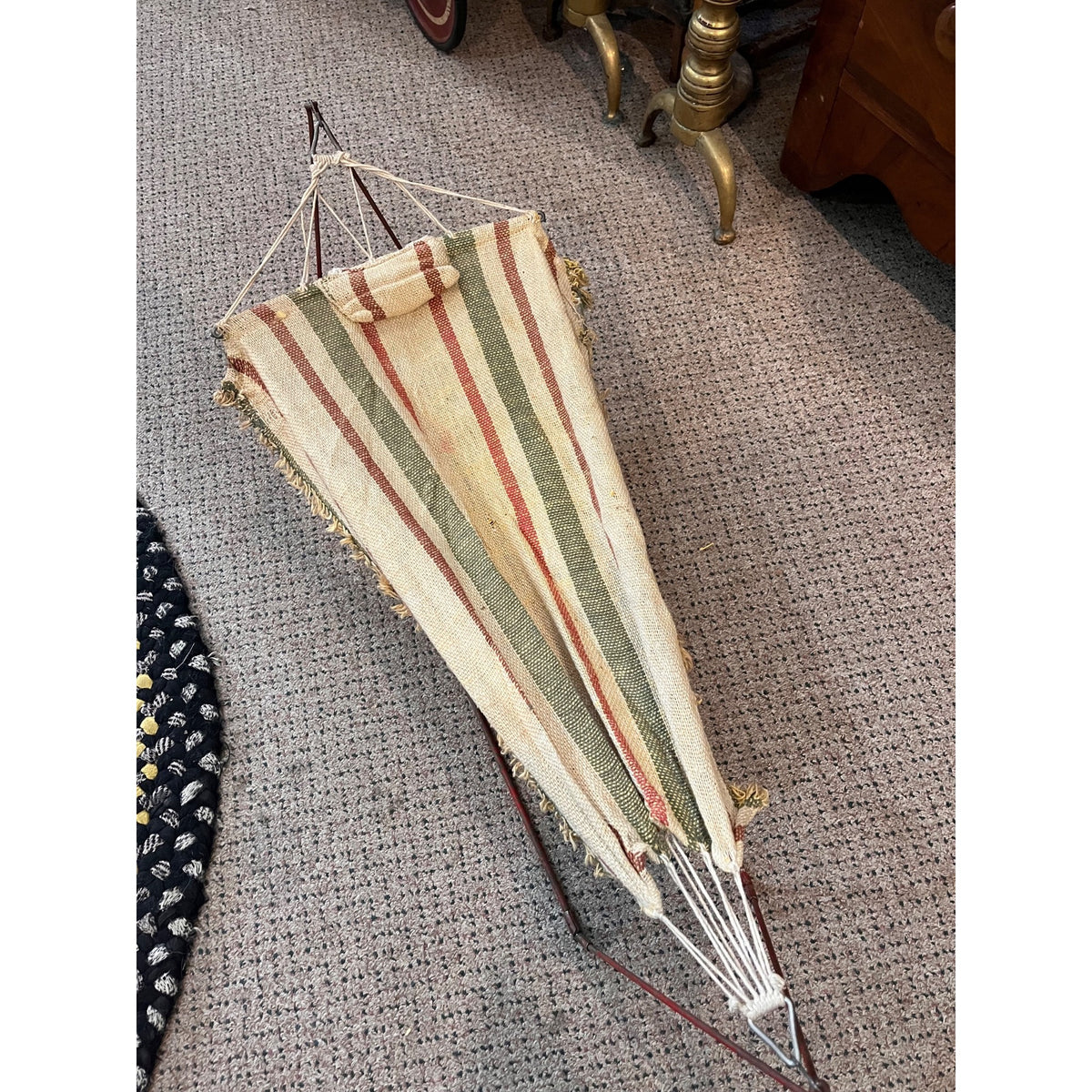 Antique Early 1900s Doll Hammock Red Metal Stand Striped Canvas Toy for 20" Dolls