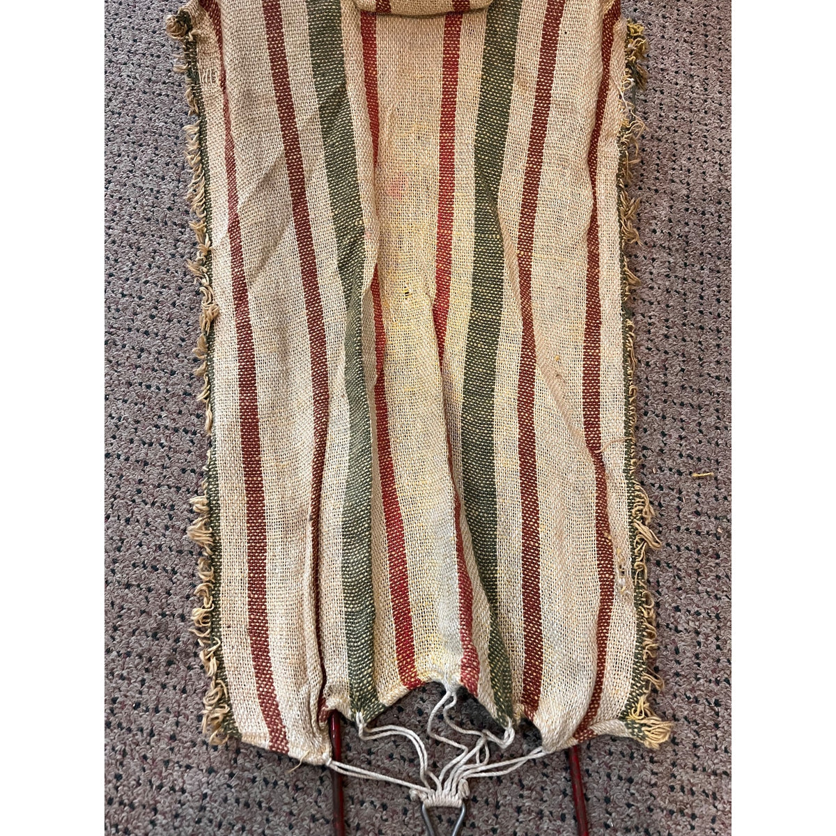 Antique Early 1900s Doll Hammock Red Metal Stand Striped Canvas Toy for 20" Dolls