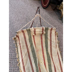 Antique Early 1900s Doll Hammock Red Metal Stand Striped Canvas Toy for 20" Dolls