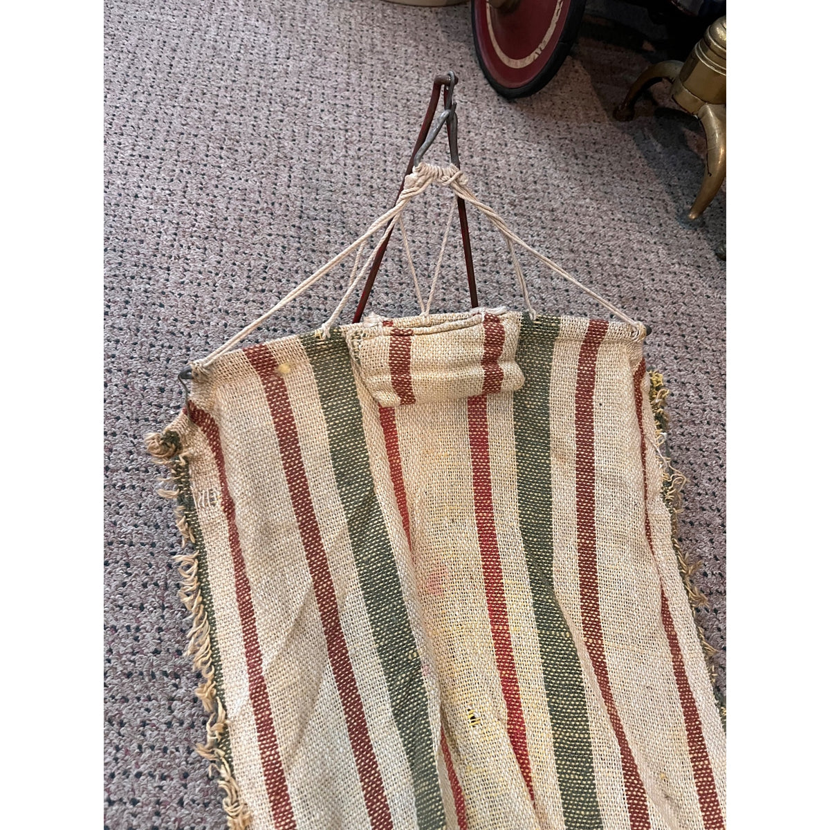 Antique Early 1900s Doll Hammock Red Metal Stand Striped Canvas Toy for 20" Dolls