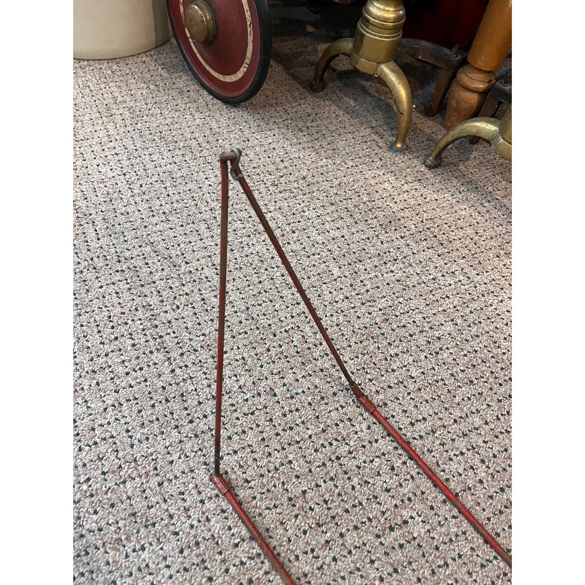 Antique Early 1900s Doll Hammock Red Metal Stand Striped Canvas Toy for 20" Dolls