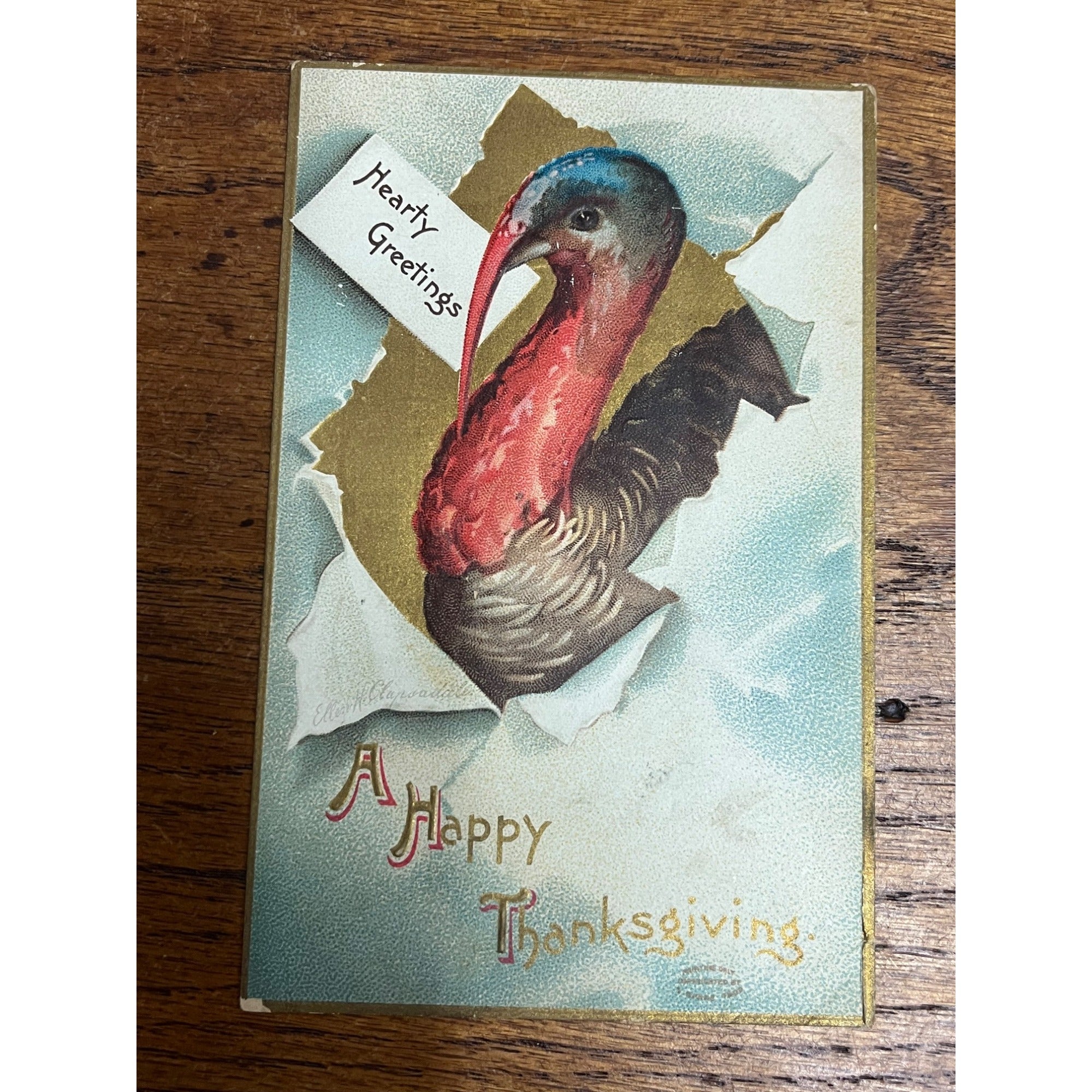 Vintage Ellen Clapsaddle Thanksgiving Turkey Postcard Artist Hearty Greetings