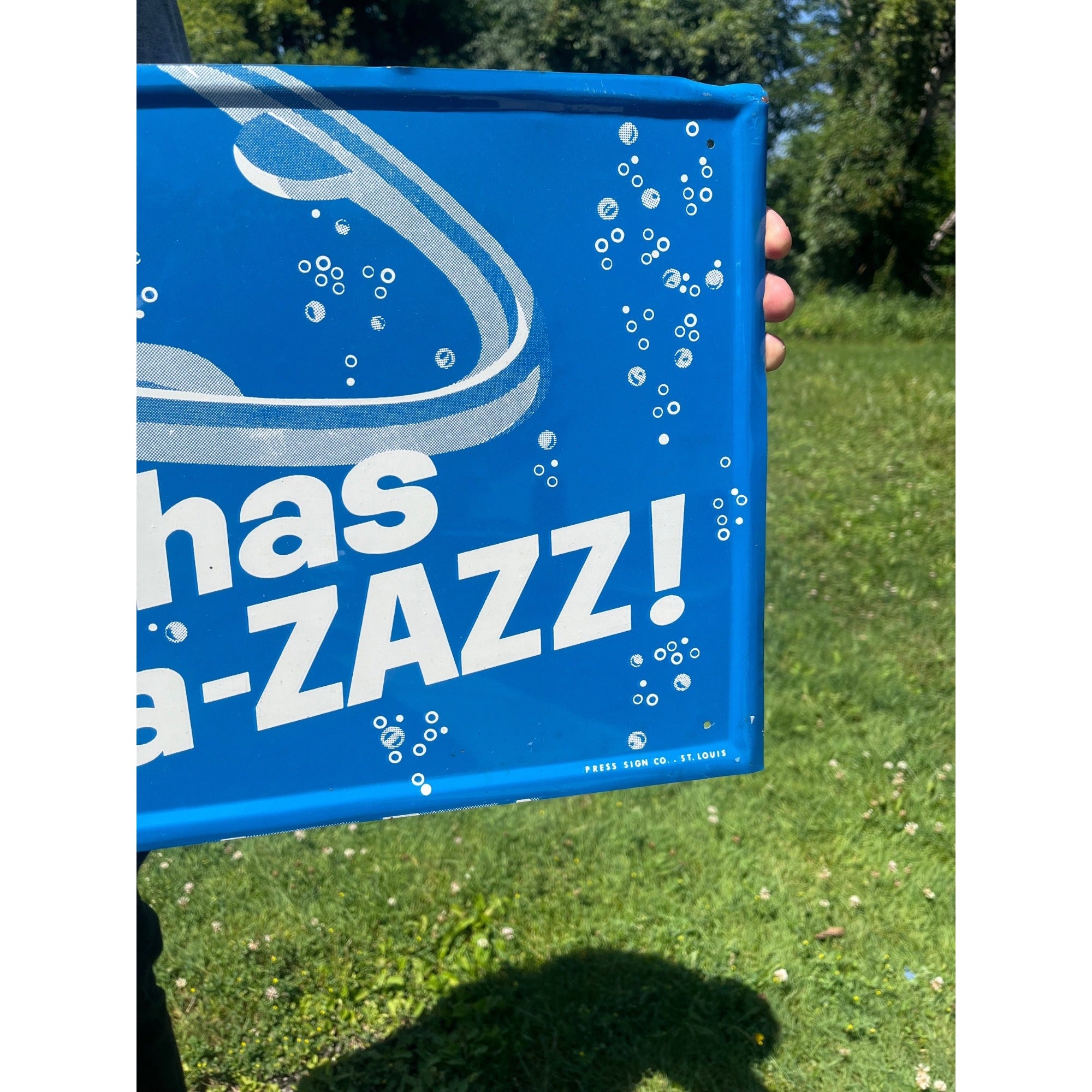 Vintage 1960s Embossed Tin Bubble Up Soda Sign Pa-zazz Blue