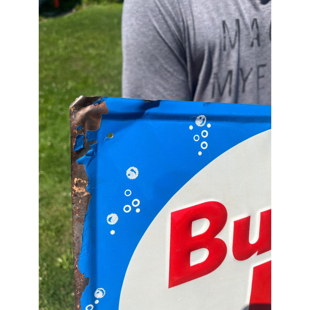Vintage 1960s Embossed Tin Bubble Up Soda Sign Pa-zazz Blue