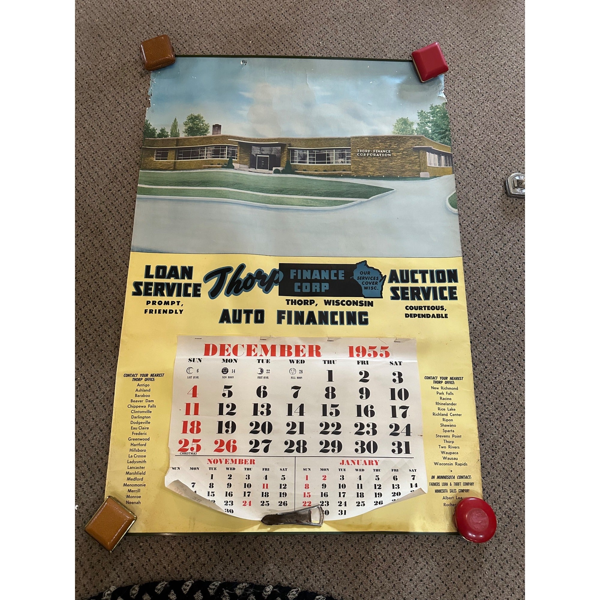 Vintage 1955 Thorp Financial Auto Insurance Wisconsin Calendar Sign Poster