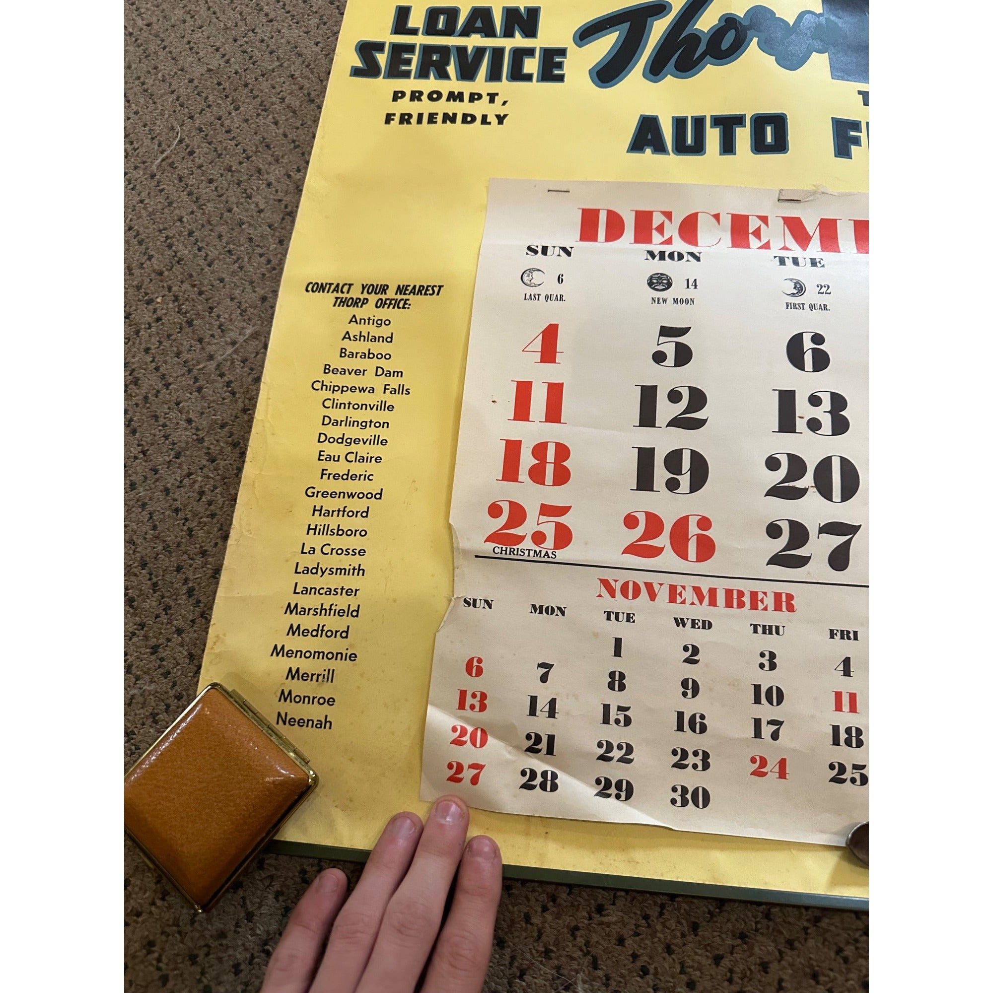 Vintage 1955 Thorp Financial Auto Insurance Wisconsin Calendar Sign Poster