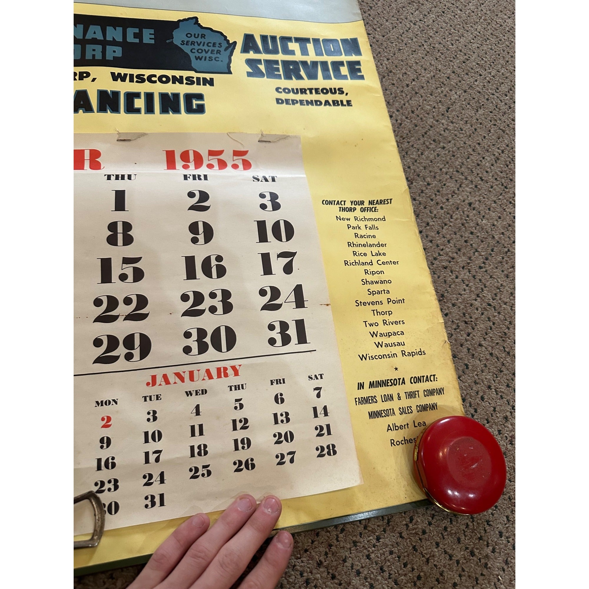 Vintage 1955 Thorp Financial Auto Insurance Wisconsin Calendar Sign Poster