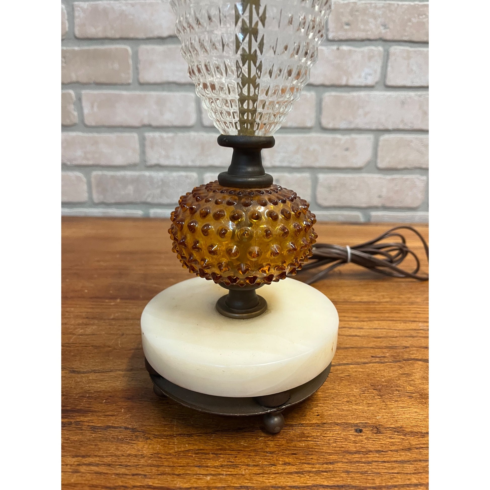 Vintage Amber Hobnail & Clear Quilted Glass Boudoir Electric Table Lamp