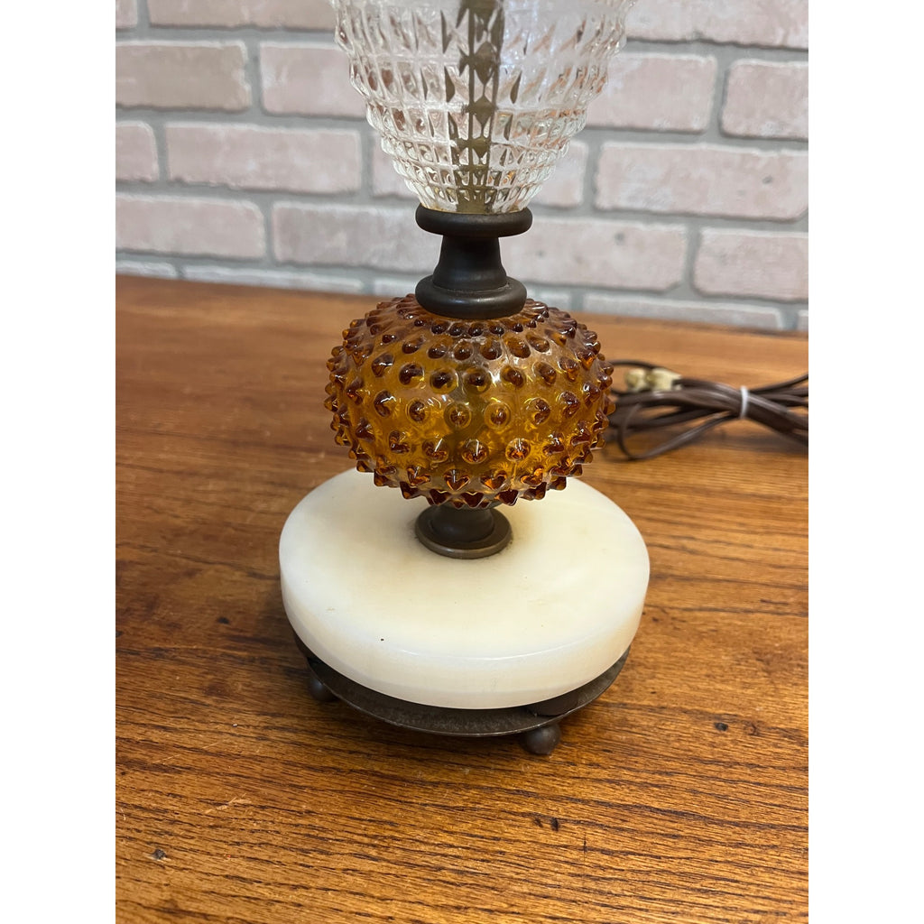 Vintage Amber Hobnail & Clear Quilted Glass Boudoir Electric Table Lamp