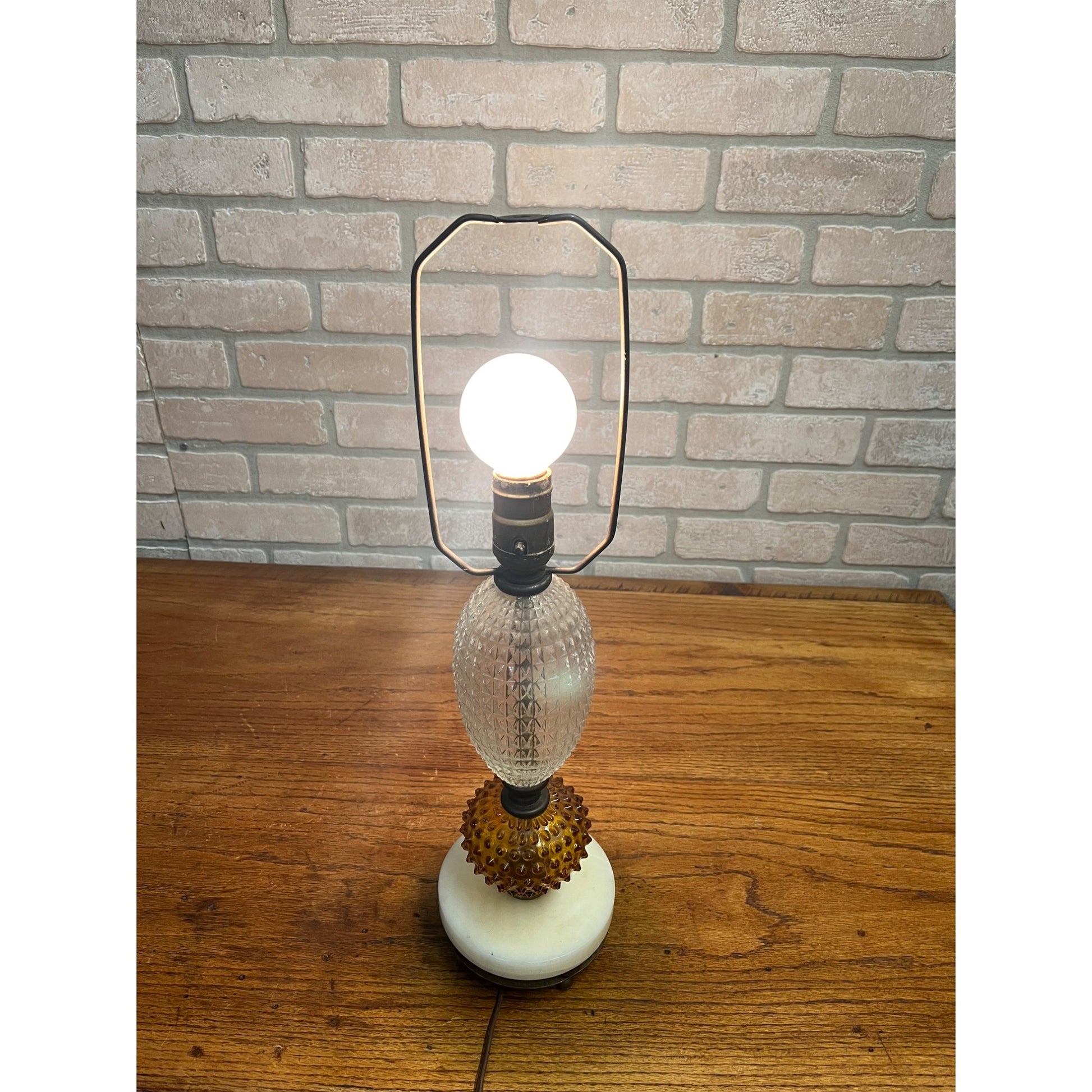 Vintage Amber Hobnail & Clear Quilted Glass Boudoir Electric Table Lamp