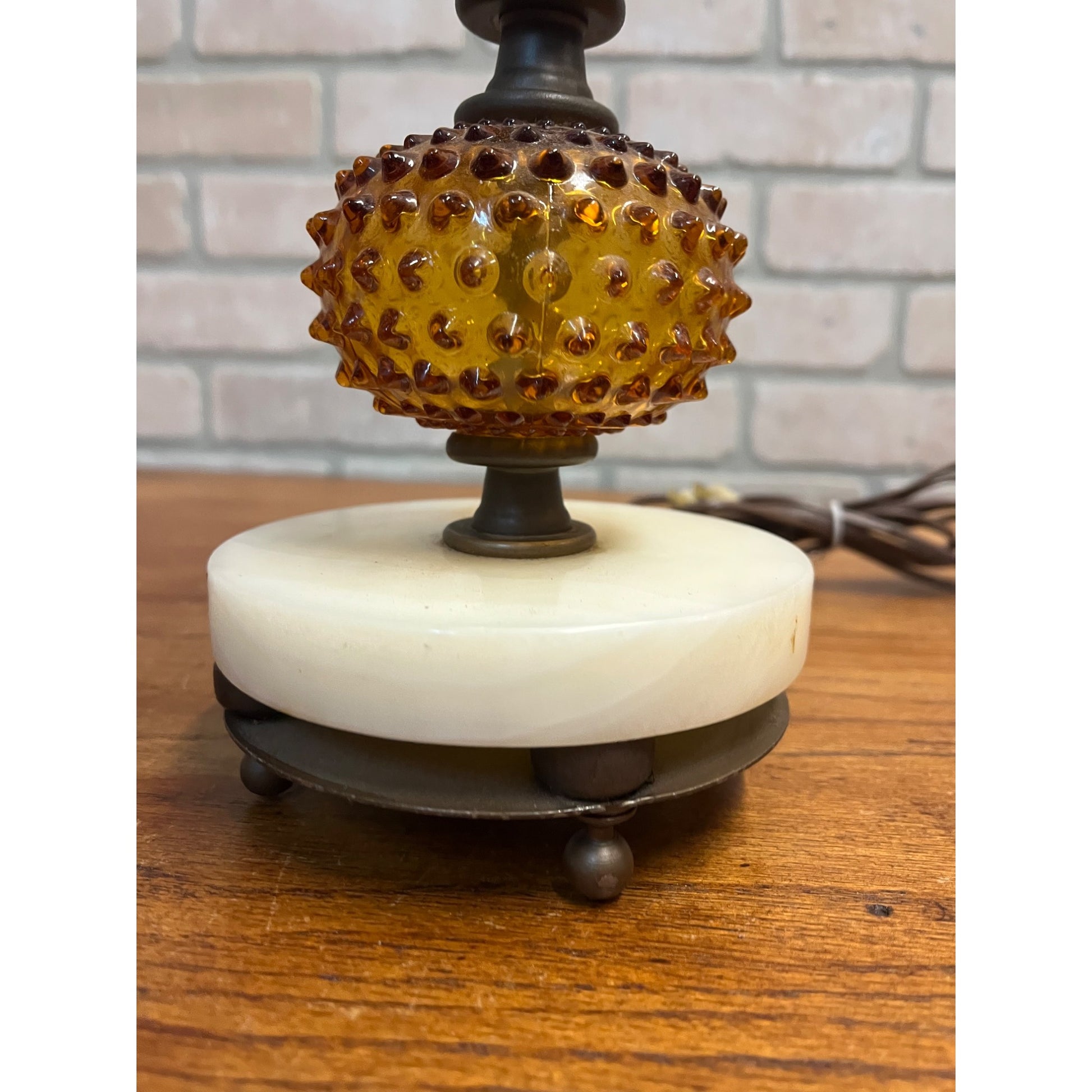 Vintage Amber Hobnail & Clear Quilted Glass Boudoir Electric Table Lamp