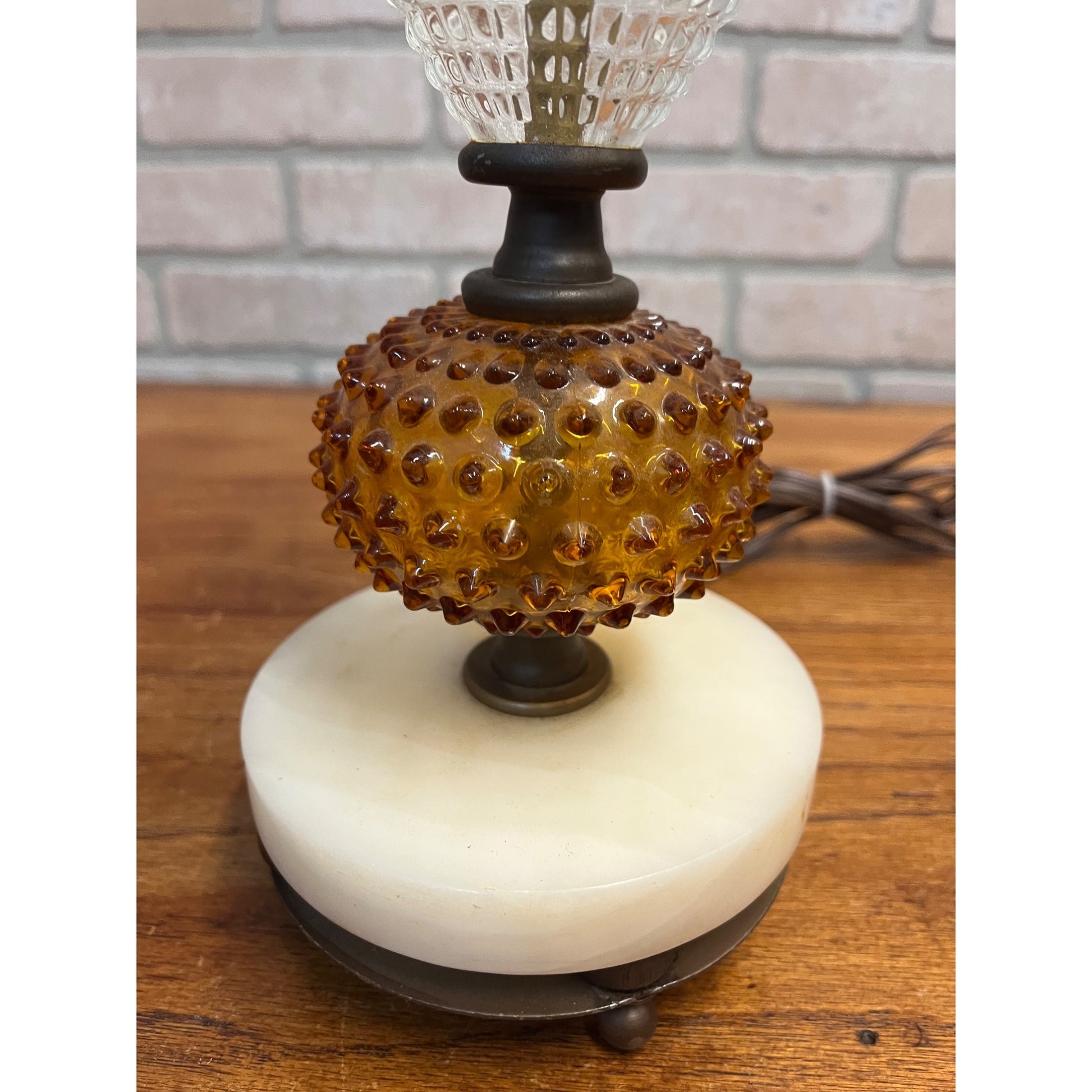 Vintage Amber Hobnail & Clear Quilted Glass Boudoir Electric Table Lamp