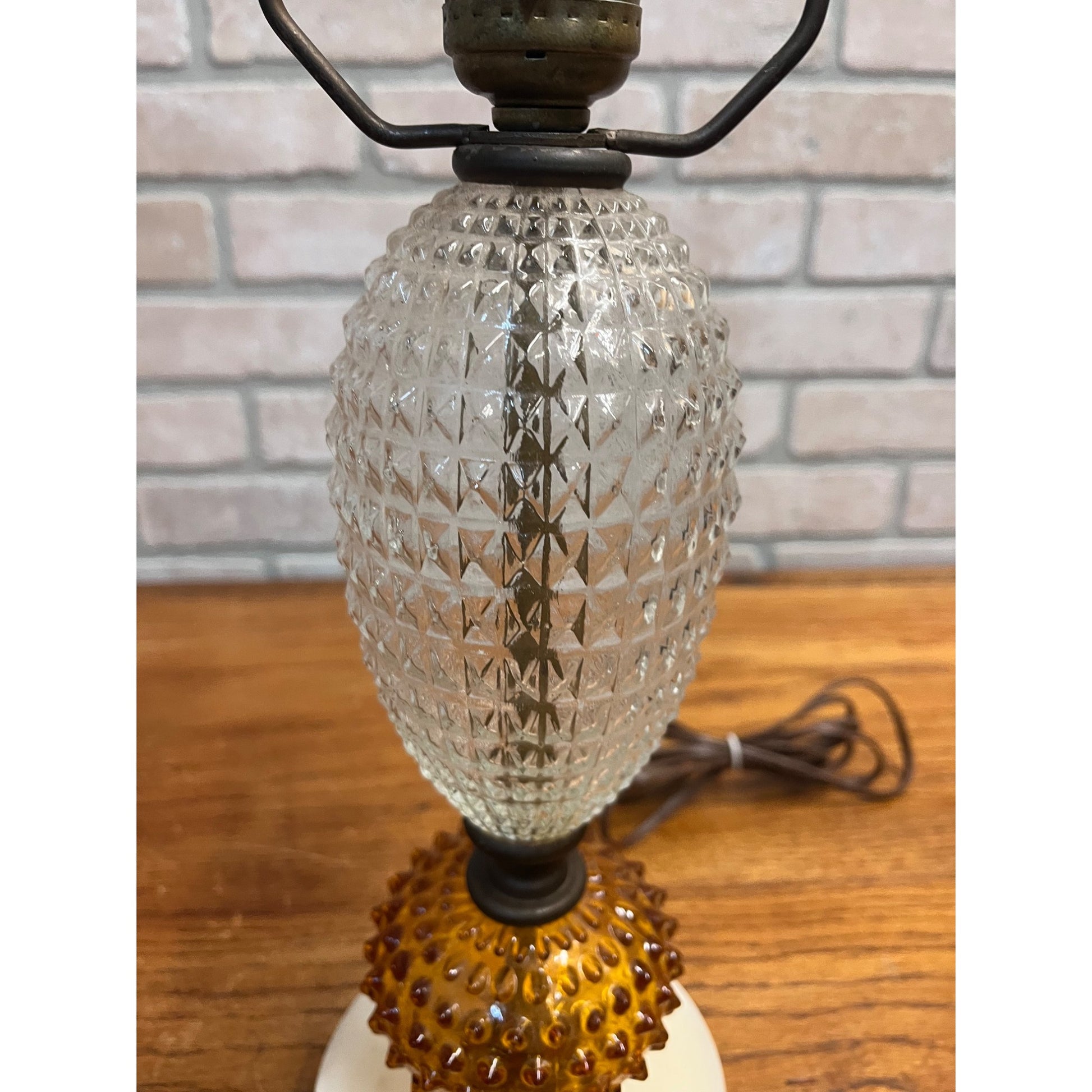 Vintage Amber Hobnail & Clear Quilted Glass Boudoir Electric Table Lamp