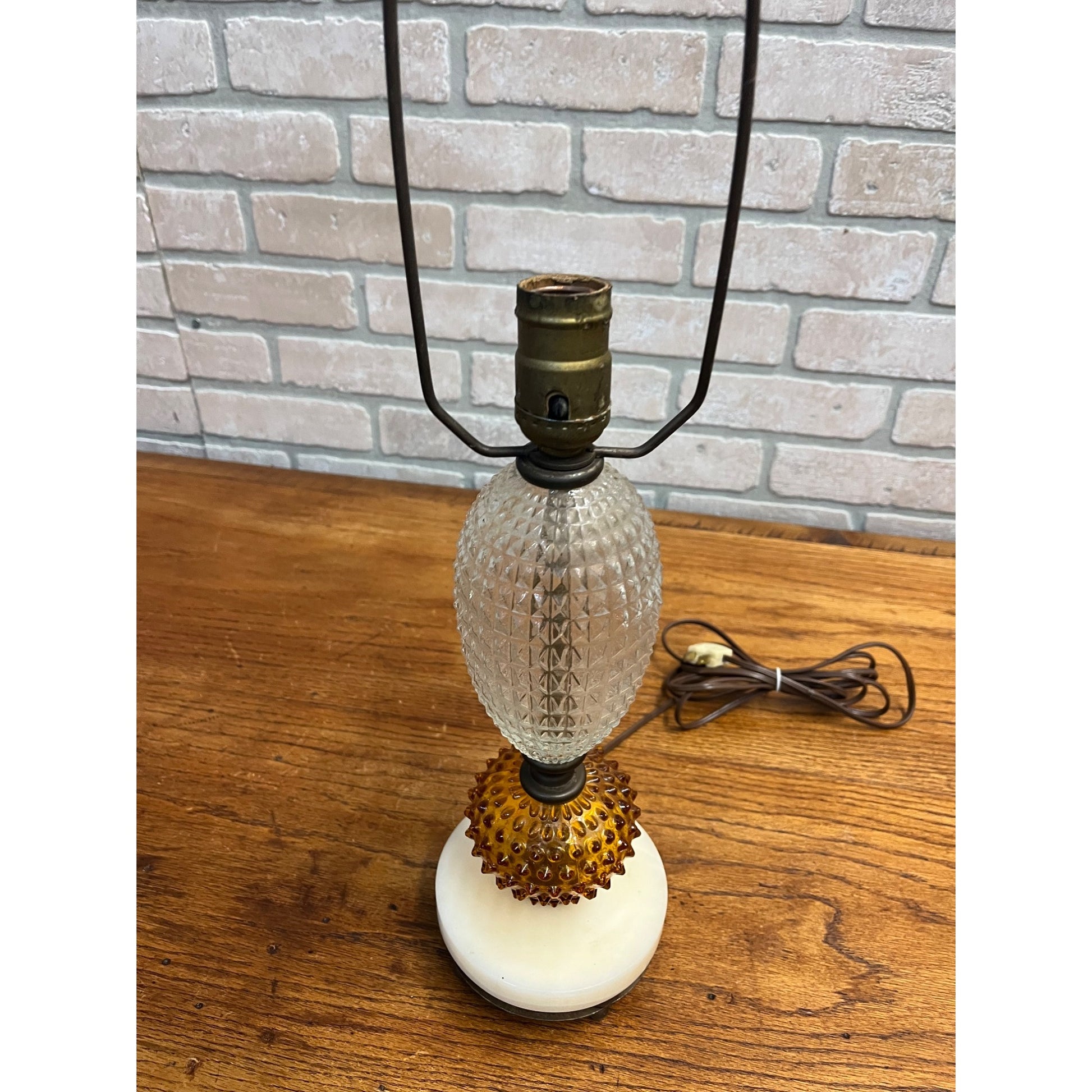 Vintage Amber Hobnail & Clear Quilted Glass Boudoir Electric Table Lamp
