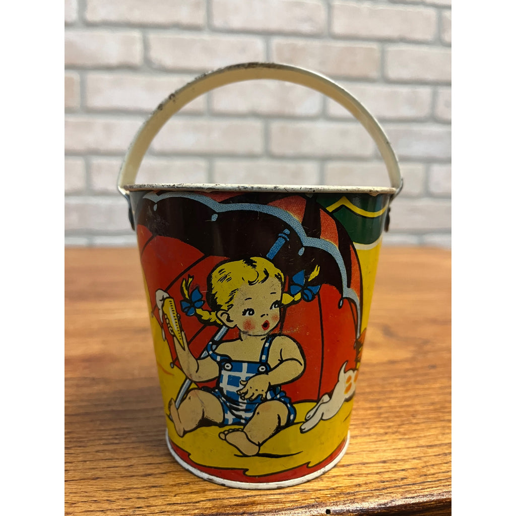 Vintage Ohio Art Co. Tin Litho Ohio Art Tin Sand Pail Toddlers Boy Girl Dog