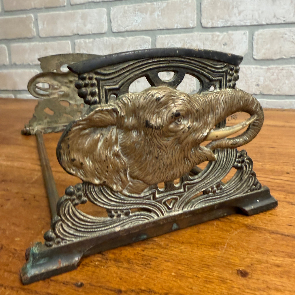 Antique Art Nouveau Elephant Bookend Book Rack Expandable Cast Iron & Brass