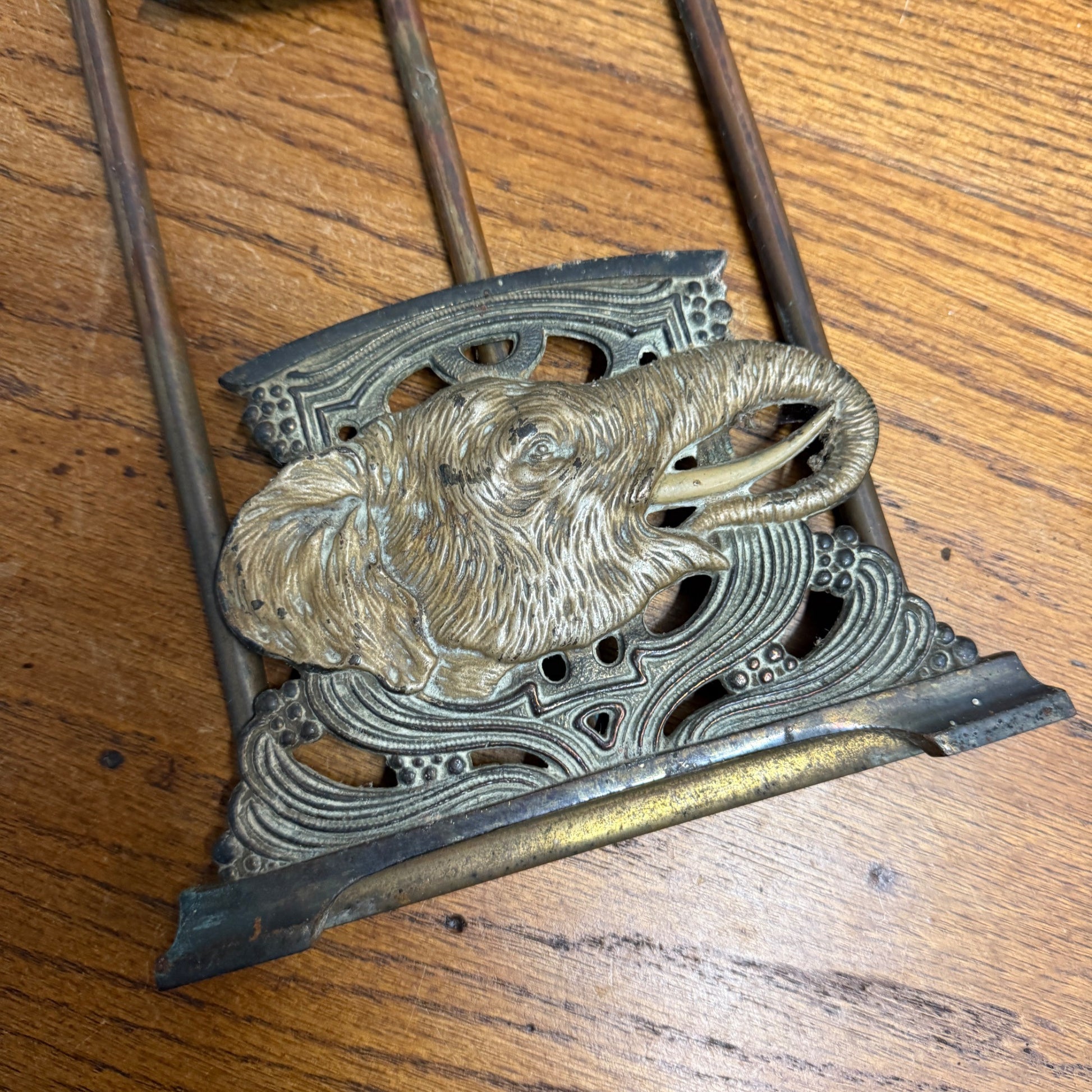 Antique Art Nouveau Elephant Bookend Book Rack Expandable Cast Iron & Brass