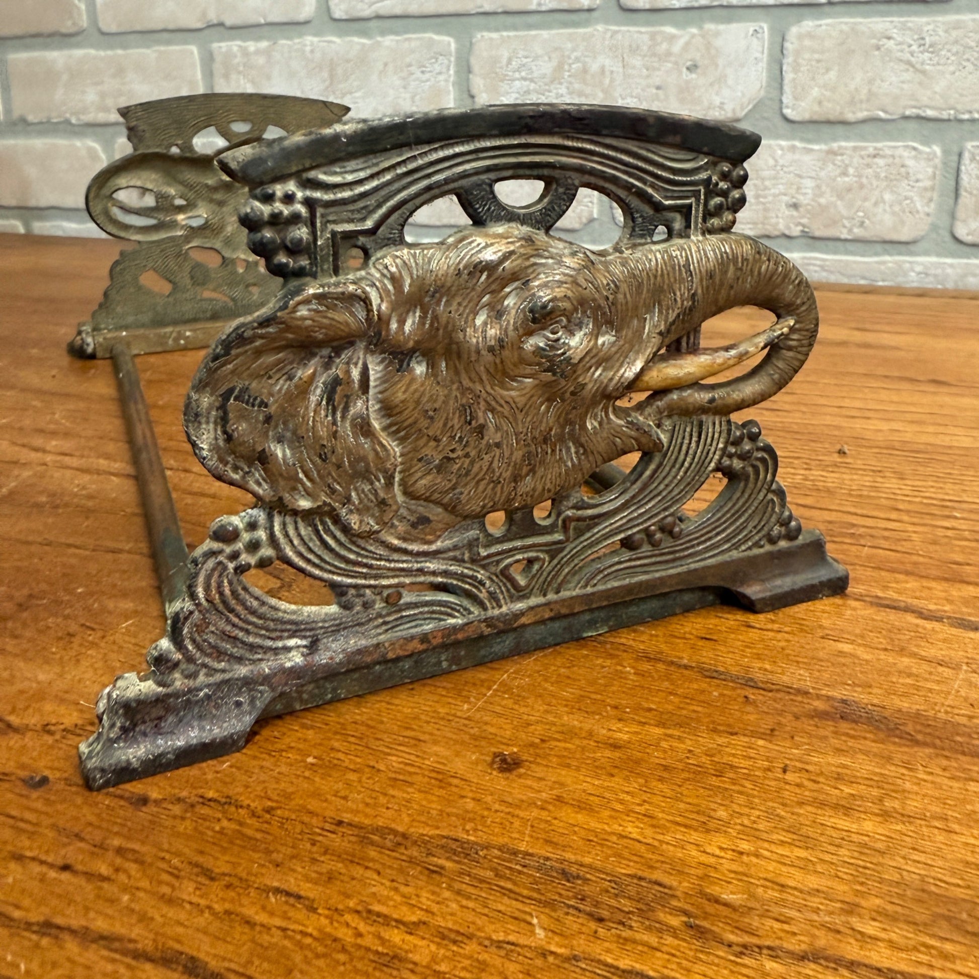 Antique Art Nouveau Elephant Bookend Book Rack Expandable Cast Iron & Brass