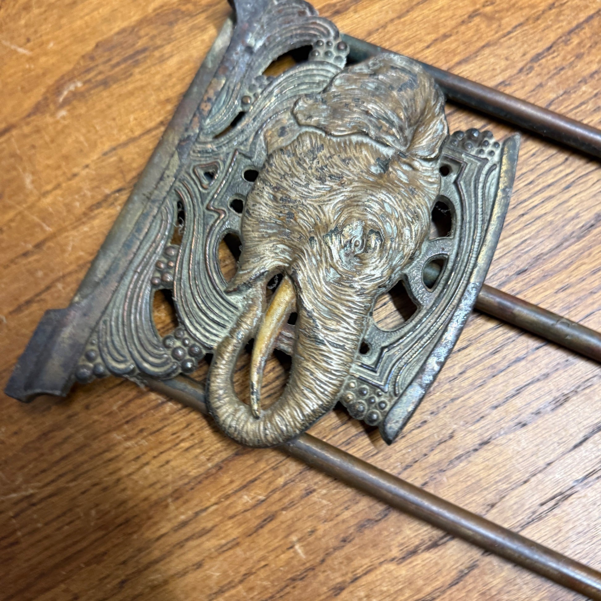Antique Art Nouveau Elephant Bookend Book Rack Expandable Cast Iron & Brass