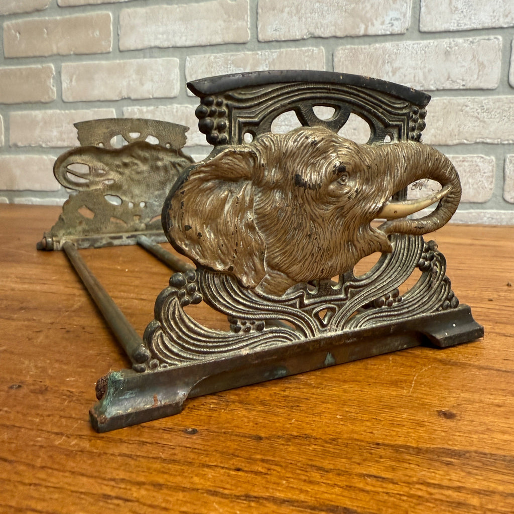 Antique Art Nouveau Elephant Bookend Book Rack Expandable Cast Iron & Brass