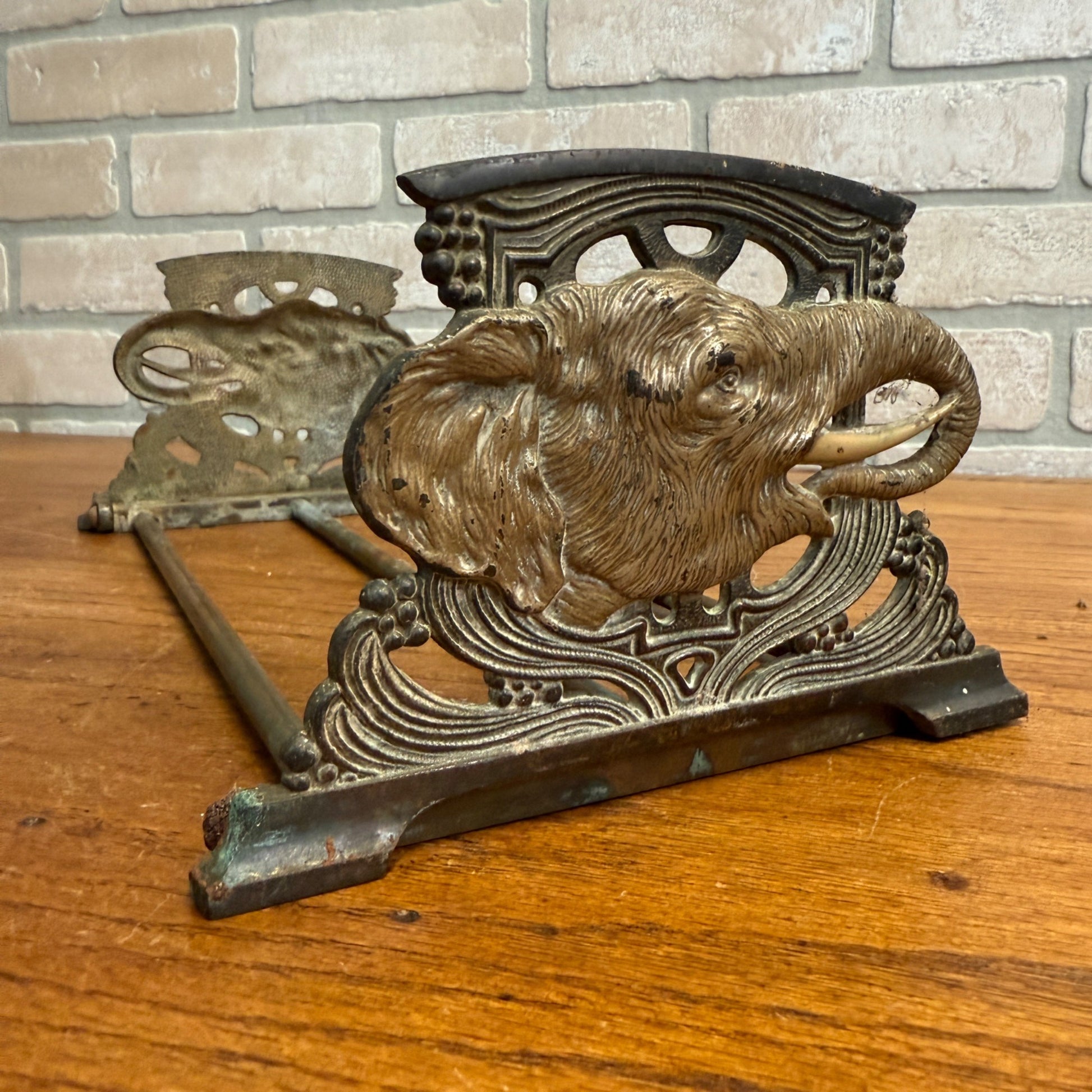 Antique Art Nouveau Elephant Bookend Book Rack Expandable Cast Iron & Brass